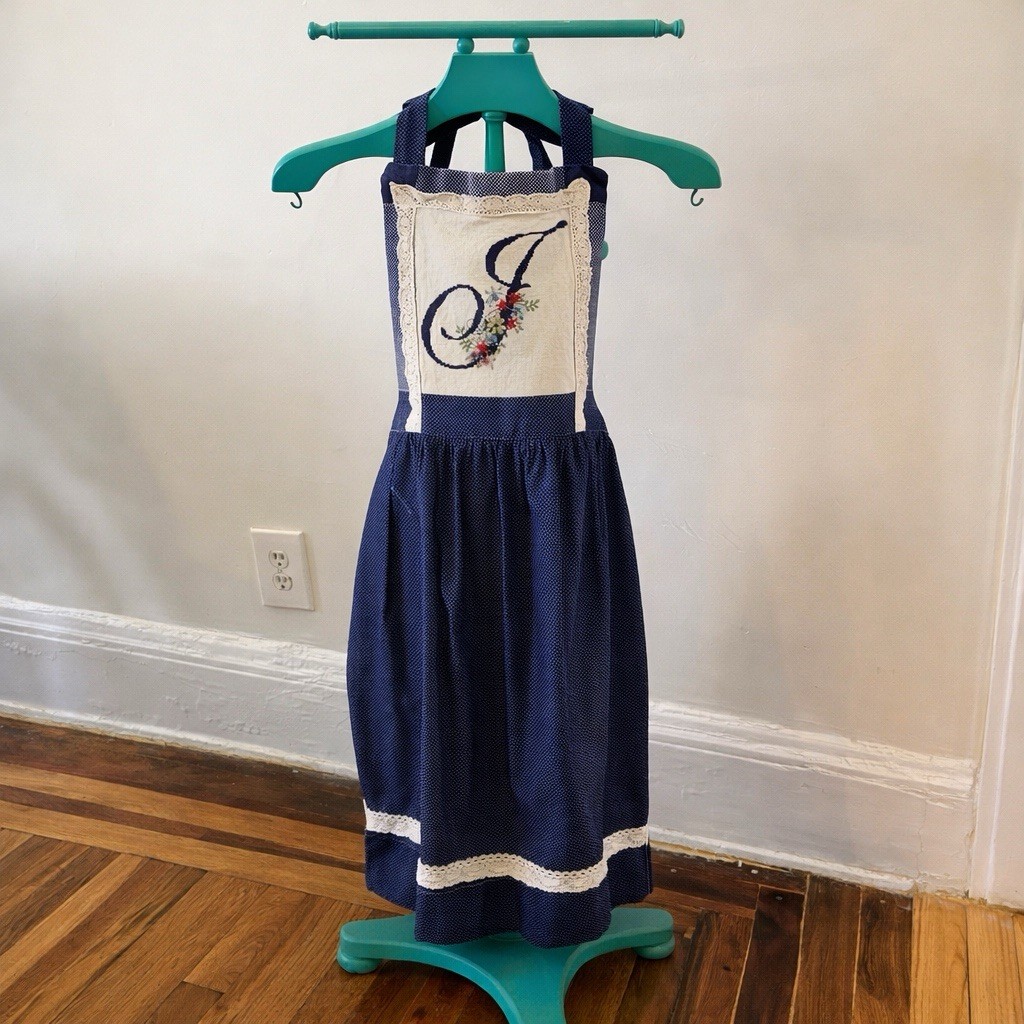 Vintage Handmade Needlepoint Monogram Apron Blue Polka Dot Full Cottagecore