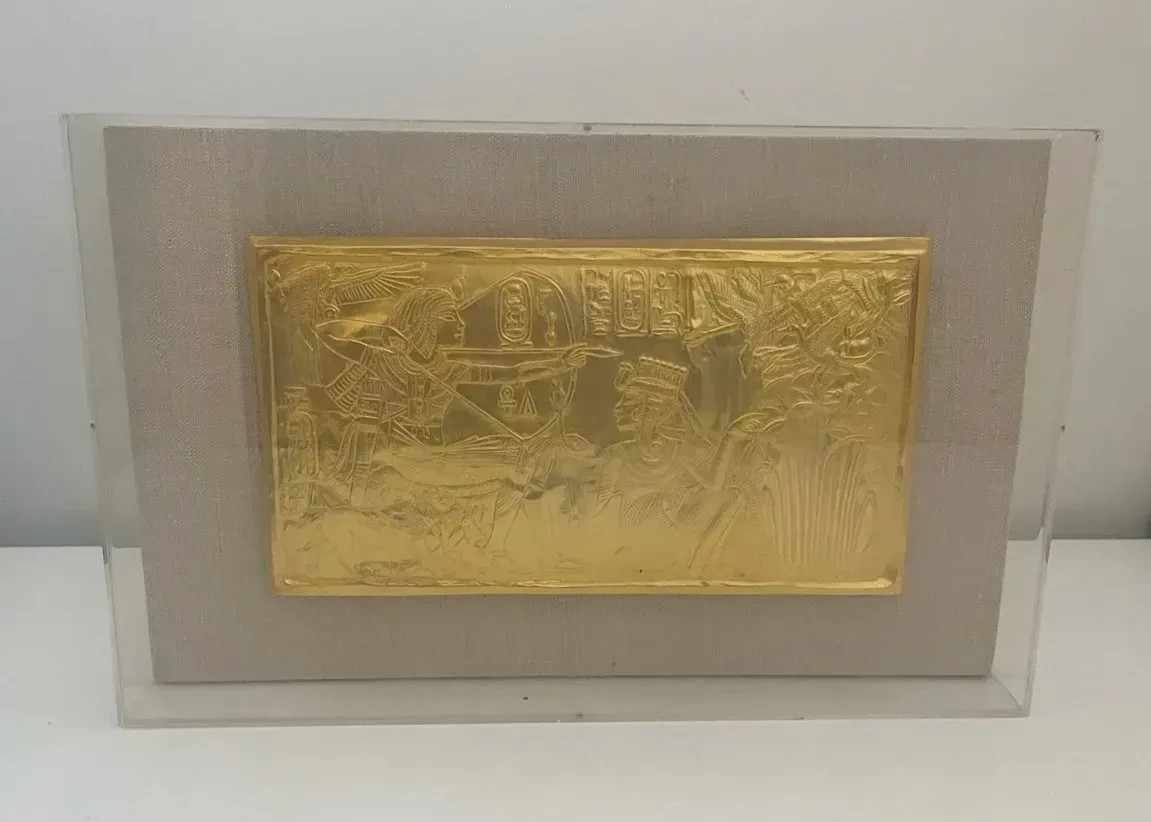 Vintage 1976 King Tut 24k Gold Plated Plaque Golden Shrine Shadow Box Frame 14x9