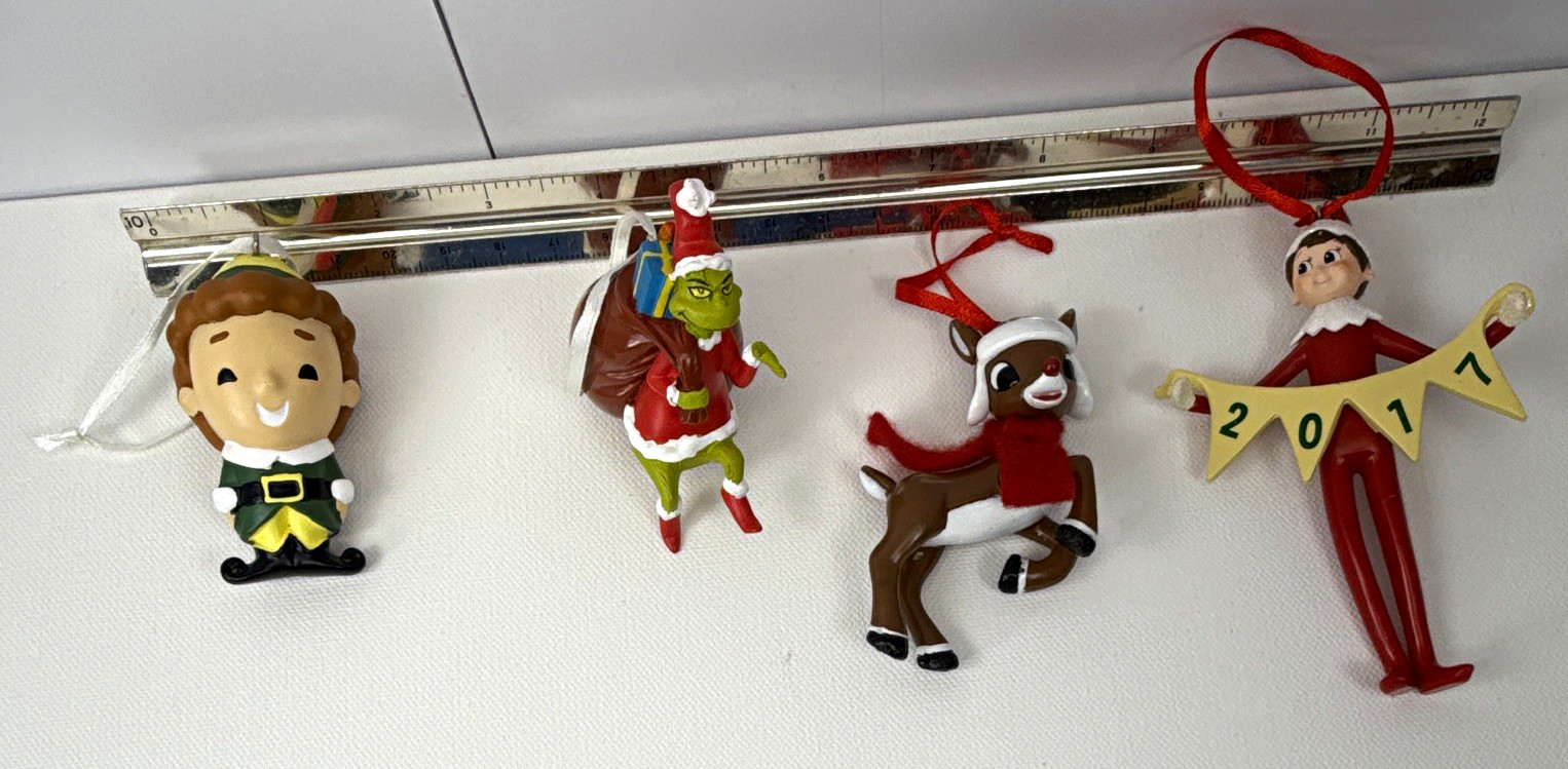 Lot of 4 Dr. Seuss Grinch, Buddy ELF, 2017 Elf, & Rudolph Christmas Ornaments