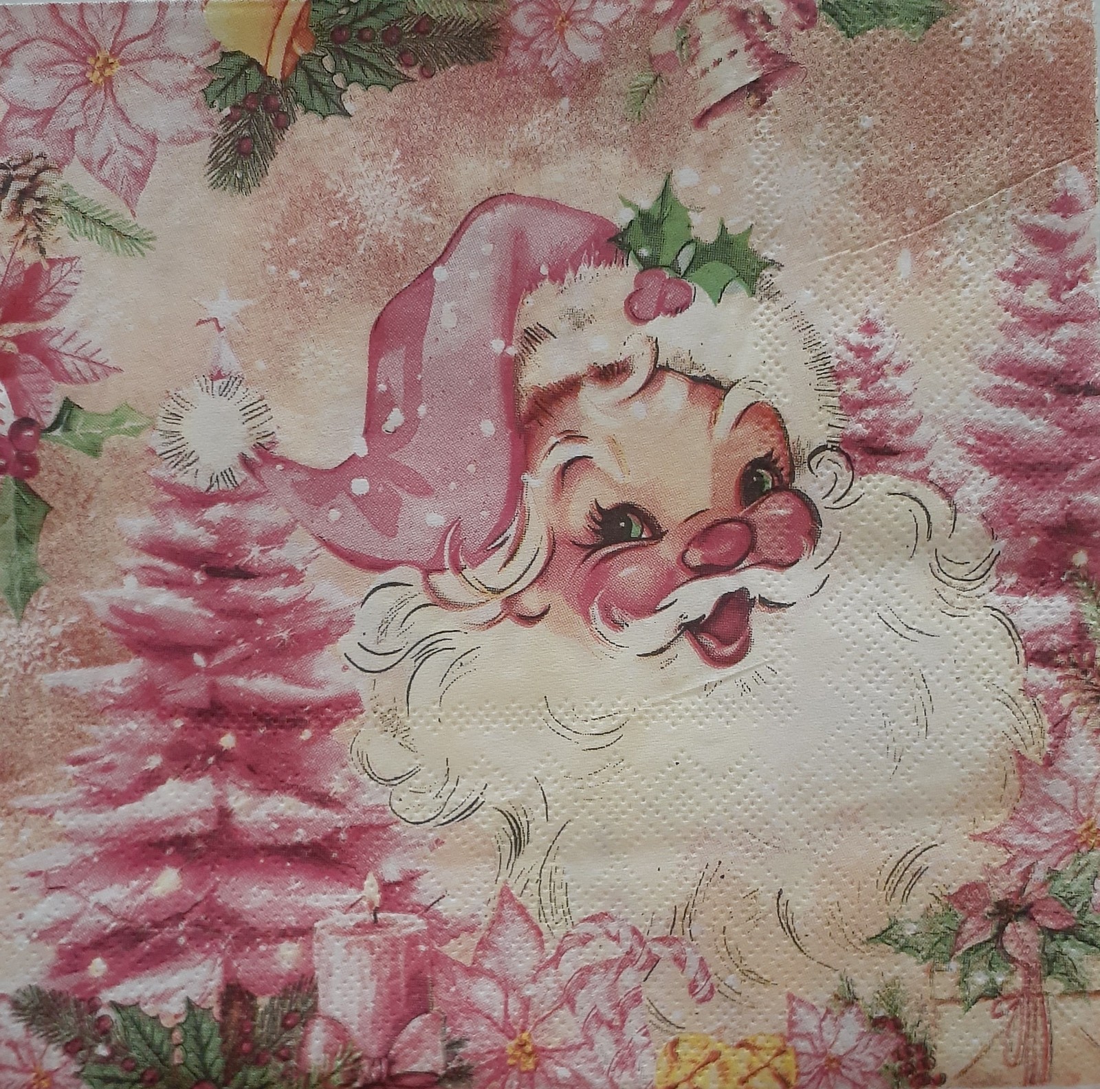 2 individual Paper Decoupage NAPKINS -PINK JOLLY SANTA