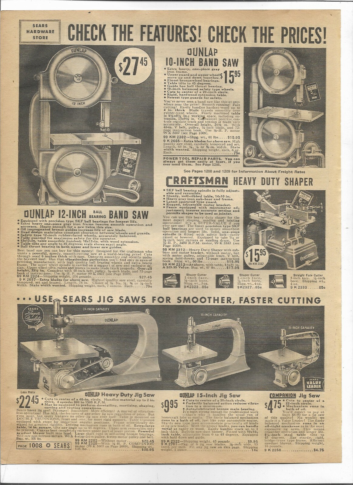 1938 Sears Catalog Ad Pages Dunlap Band Saw Craftsman Shaper Lathes Carburetors