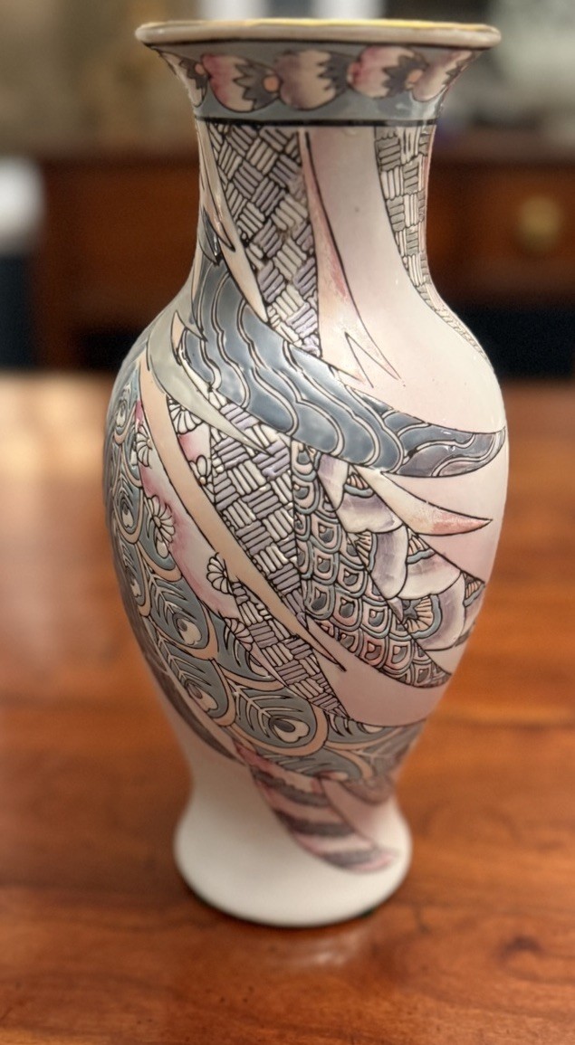 Vintage Ethan Allen Macau Porcelain Vase Pink Gray Peacock Feather Art Nouveau