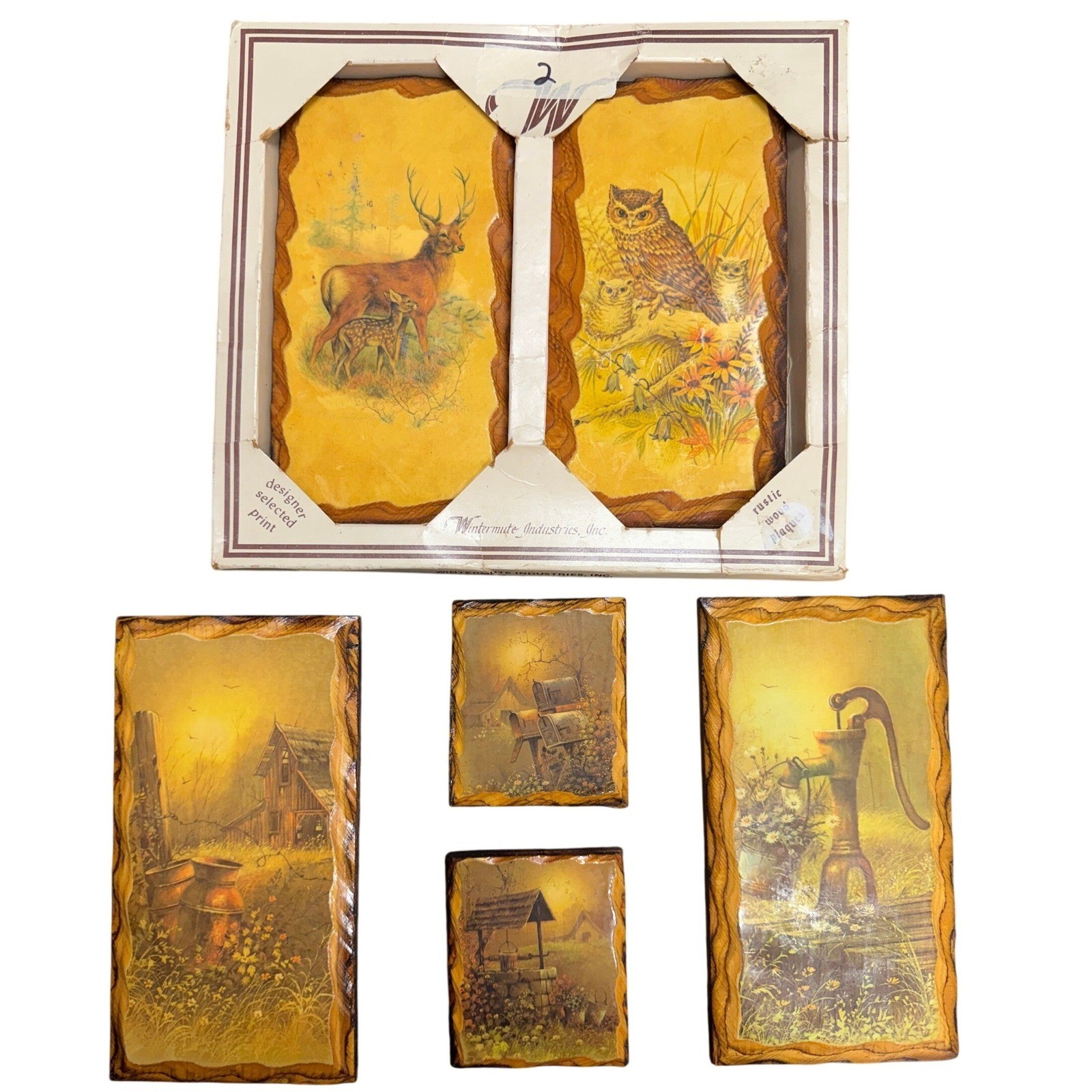 VTG Rustic Decoupage Wood Wall Plaques Set of 6 Deer Owl Barn Well Cabin Decor