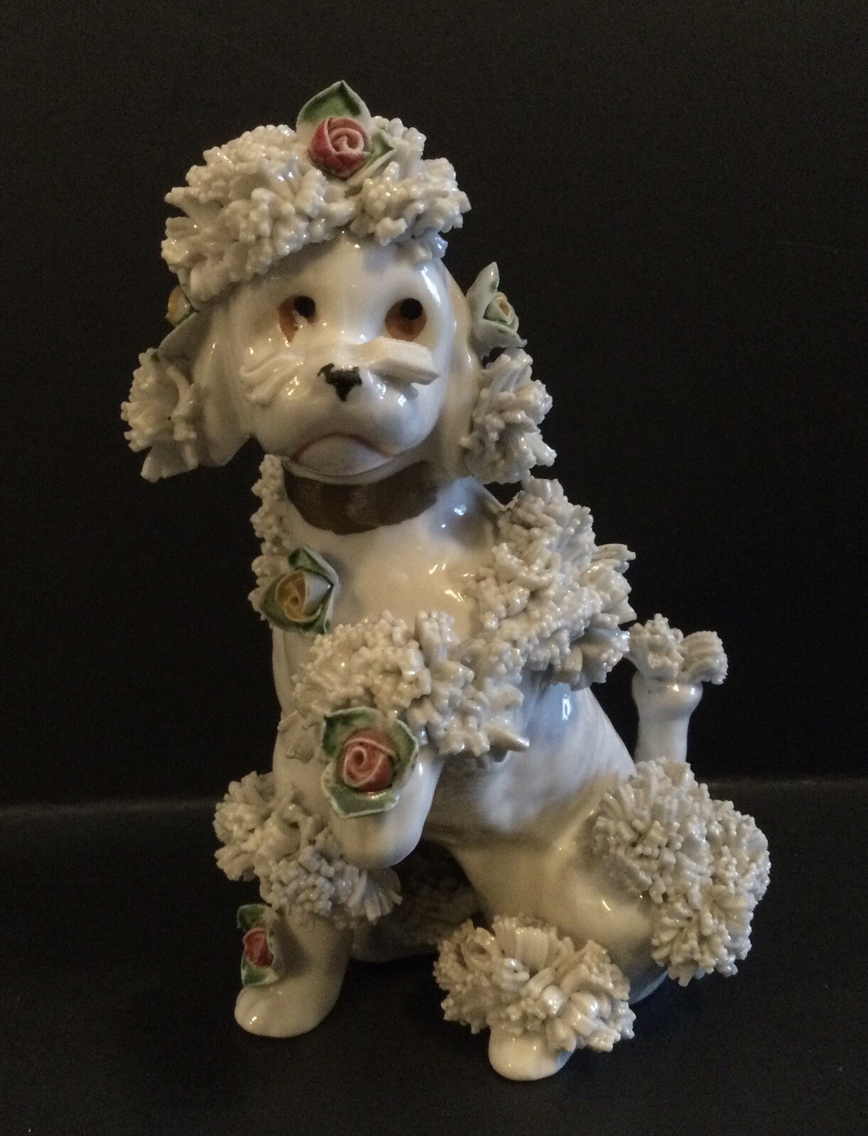 Vintage Poodle with Flowers ceramic spaghetti trim ceramic figurine approx. 5\