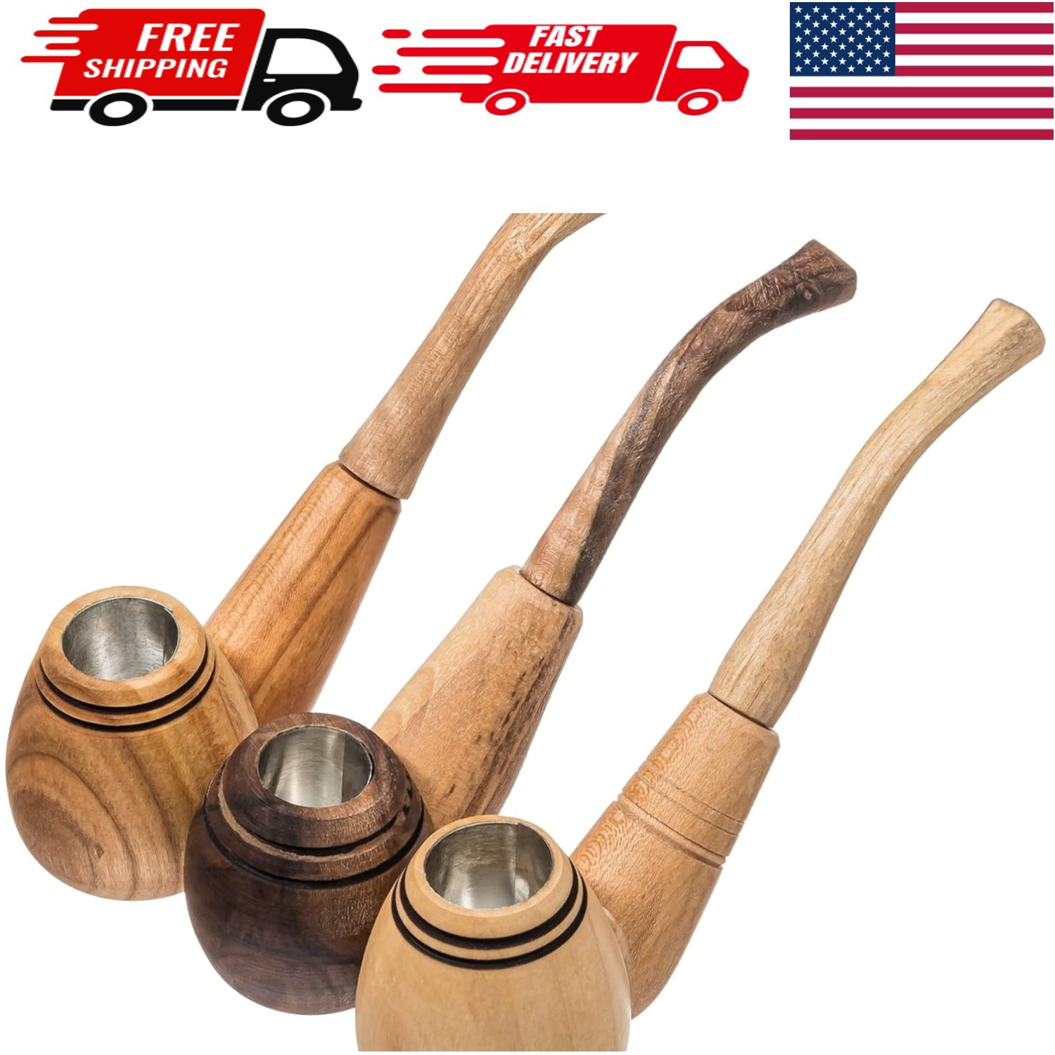 Elegant Handmade Wooden Tobacco Pipes Set - 3 Unique Shades for Every Mood