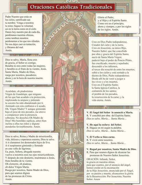 Traditional Catholic Prayers Spanish, LAMINATED 8.5x11 inch Print