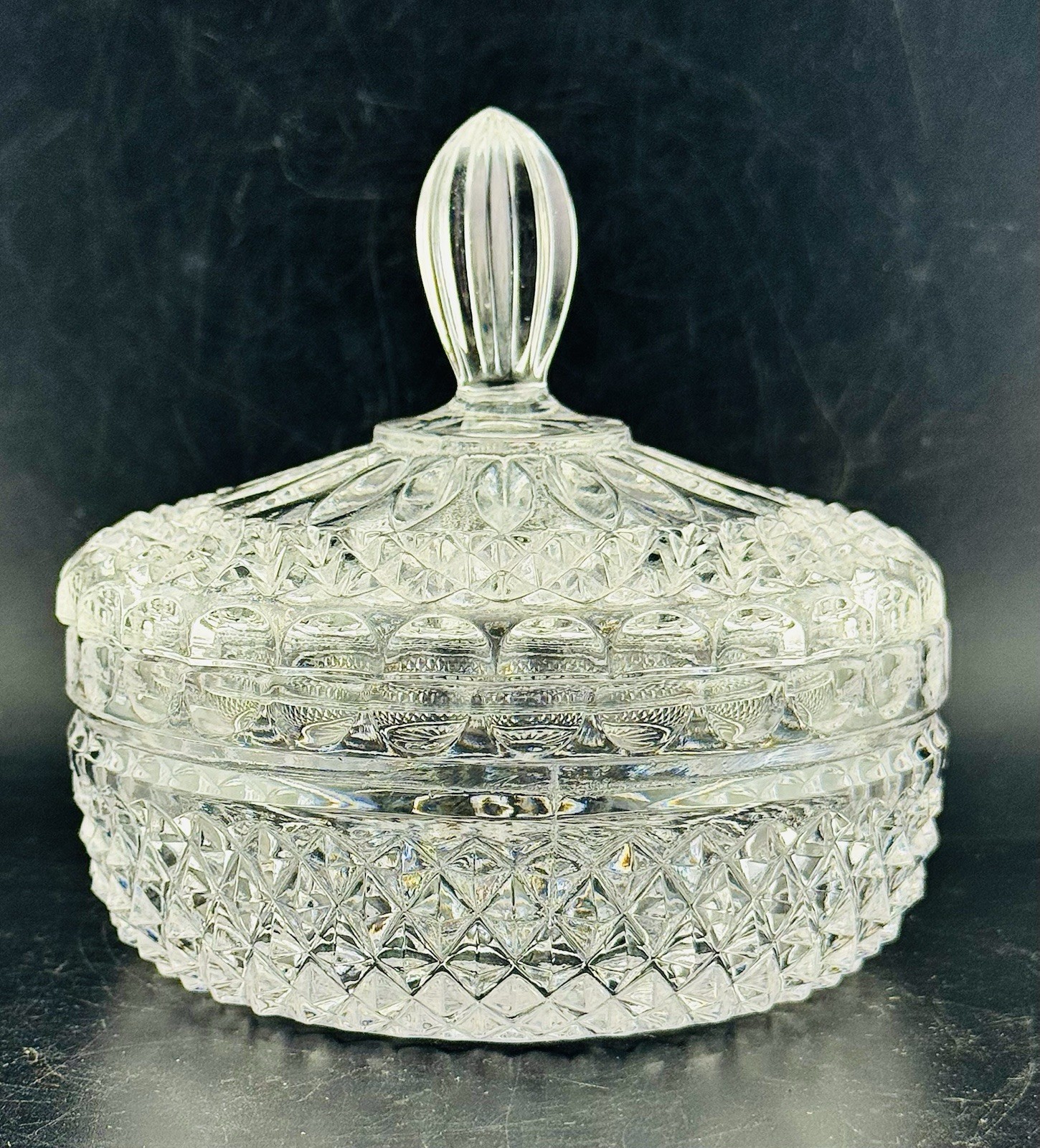 Vintage 24% Lead Crystal Covered Candy Dish Diamond Cut Lidded W. Germany 4.75”
