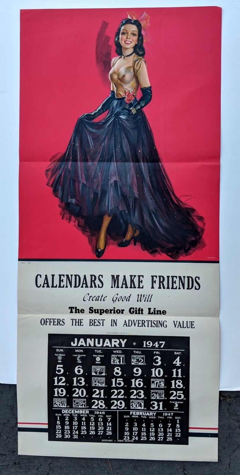 Original 1947 Large Pinup Girl Picture Calendar by Erbit Brunette in Black