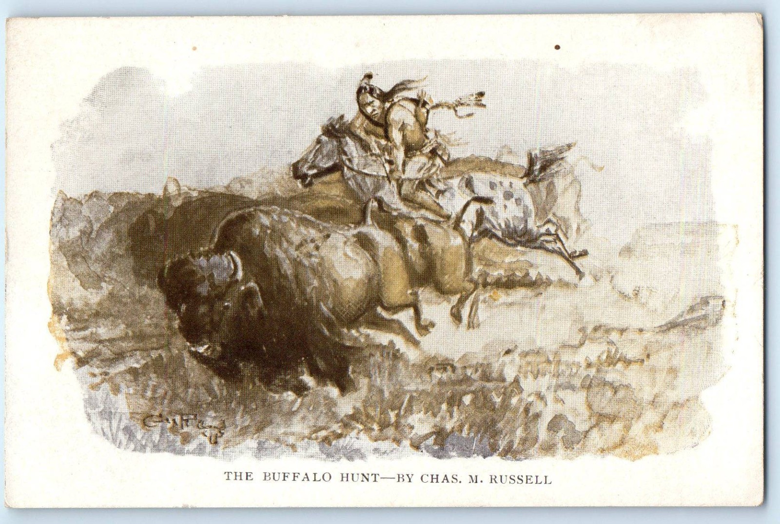 c1910\'s The Buffalo Hunt By Chas M. Russell Signed Artist Antique Postcard c1910\'s The Buffalo Hunt By Chas M. Russell Signed Artist Antique Postcard