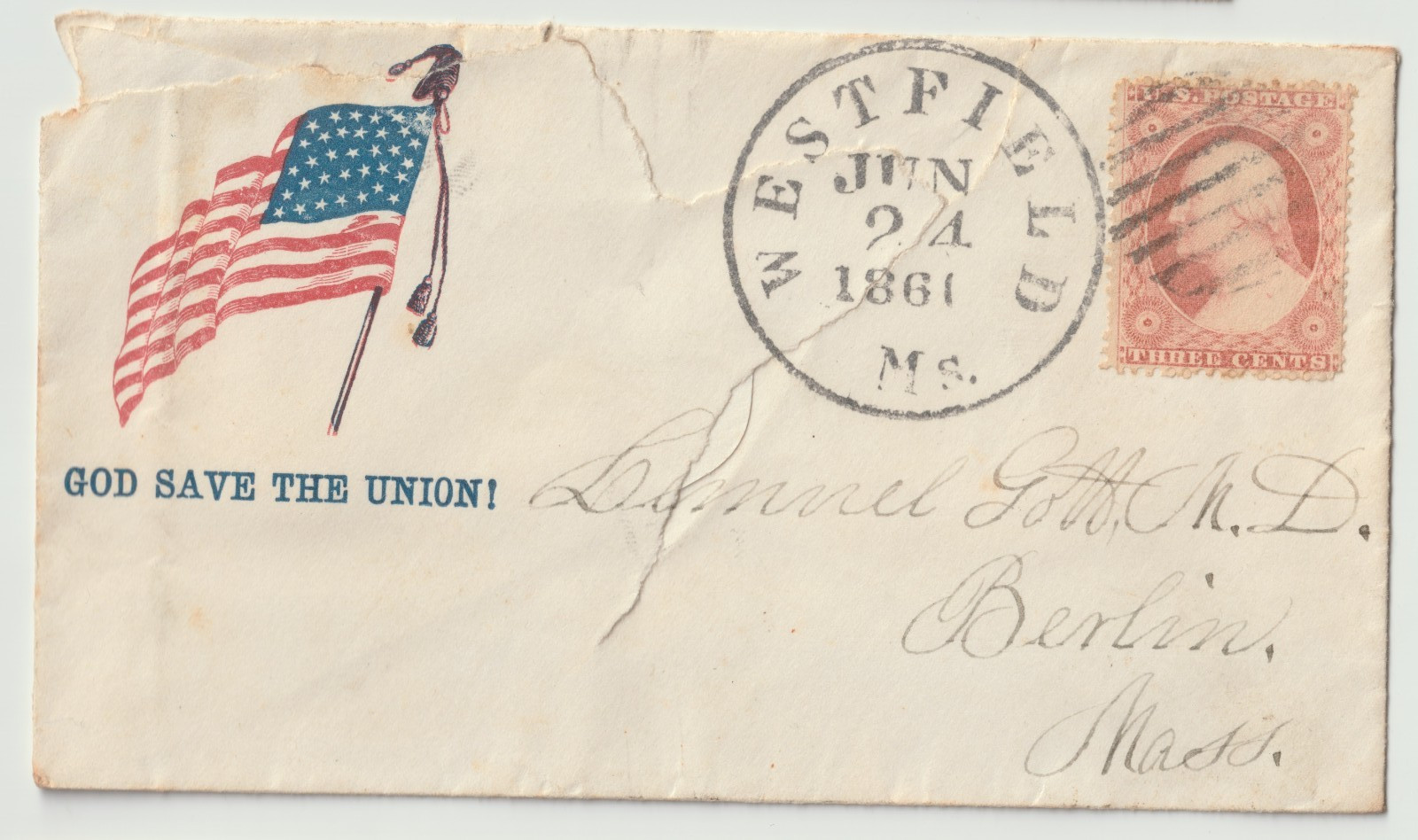 1861 Civil War Patriotic Cover GOD SAVE THE UNION Flag Westfield Mass 3c [torn]