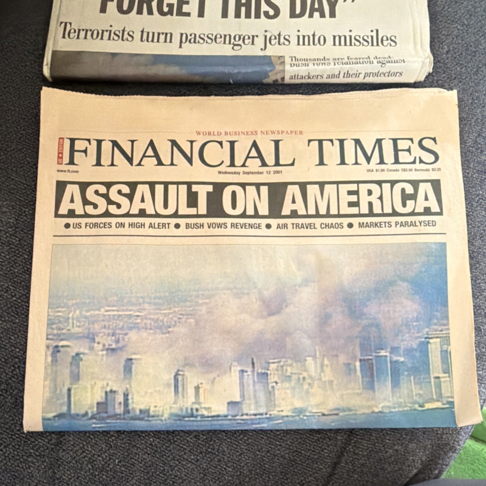 Financial Times September 12, 2001 \'Assault on America\' 9/11 Newspaper