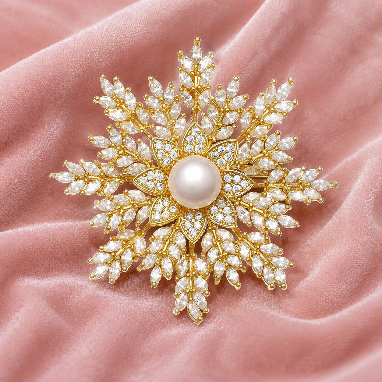 Elegant Pearl Diamond 18K Yellow Gold Over Court Style Snowflake Brooch Pin