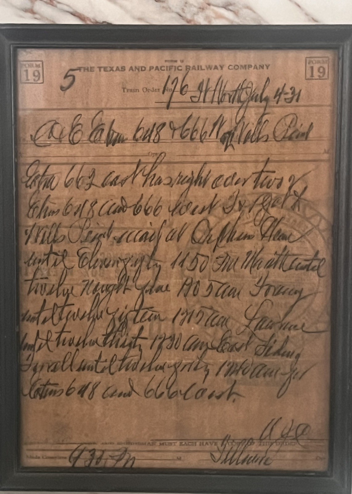 Framed Texas & Pacific Railway Company Form 19 Train Order Document 7/4/1931 Framed Texas & Pacific Railway Company Form 19 Train Order Document 7/4/1931