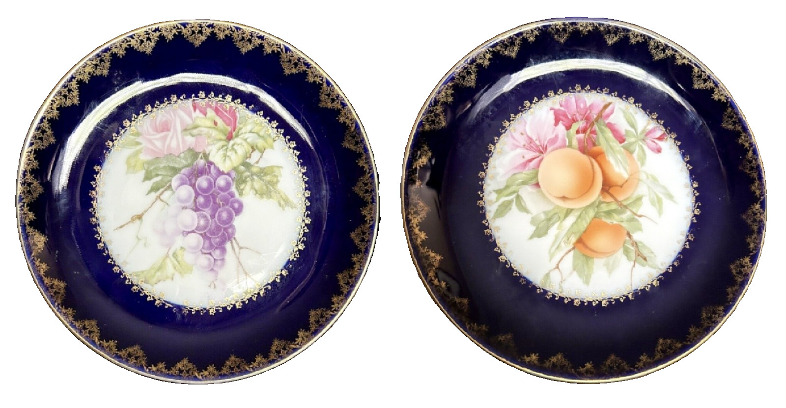 2~Antique Rosenthal Porcelain Cabinet Plates Flowers Fruit Gold Cobalt Blue Rim
