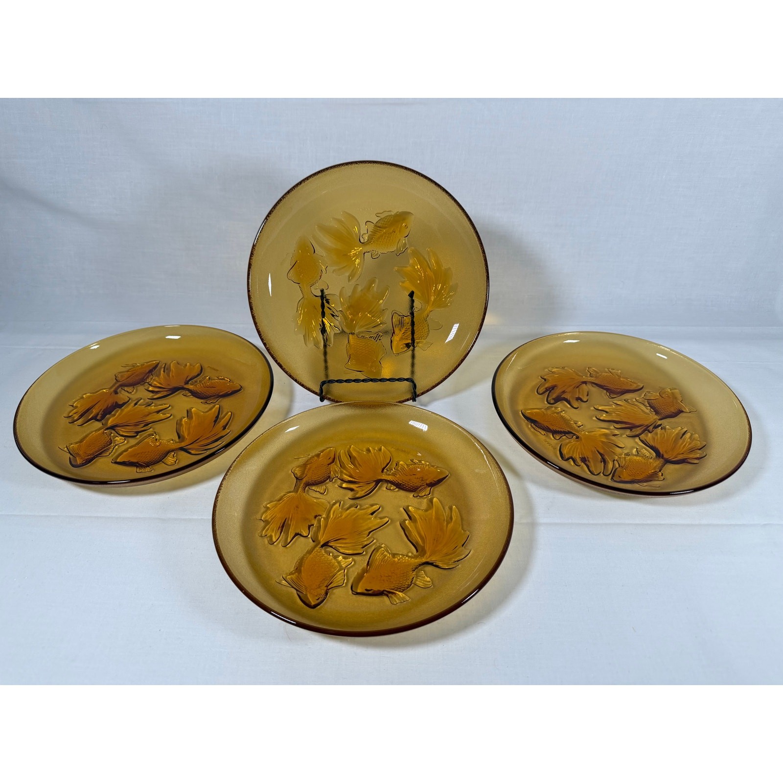Vintage Pasari Indonesia Amber Glass Goldfish Koi Plates Set of 4 9\