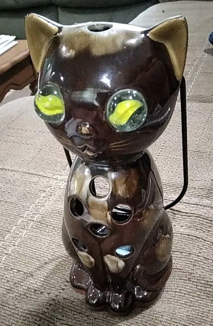 Vintage 1970s INARCO Brown Glaze Cat Lantern Candle Holder Marble Eyes