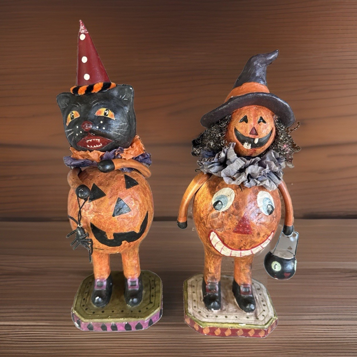 2 Vtg Ret Christopher Radko Halloween Pumpkin Bobbleheads Rare Paper Mache Cat