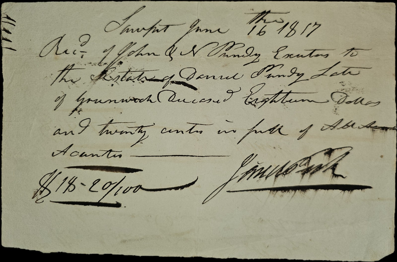 1817 Estate Receipt Daniel Purdy d.1817 Signed John Purdy Executor RI CT