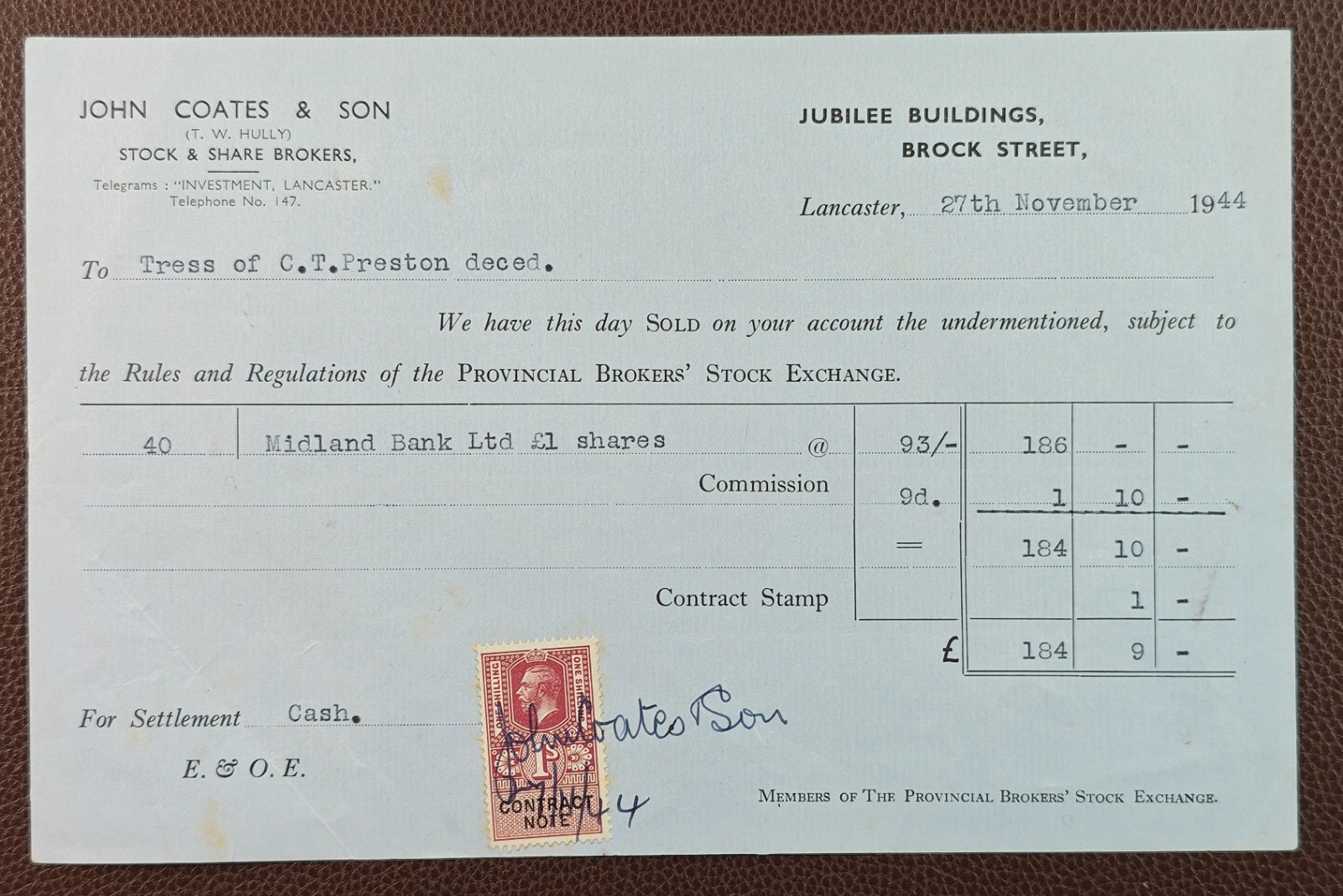 1944 Lancaster John Coates & Son Brock St Stockbrokers Midland Bank Note