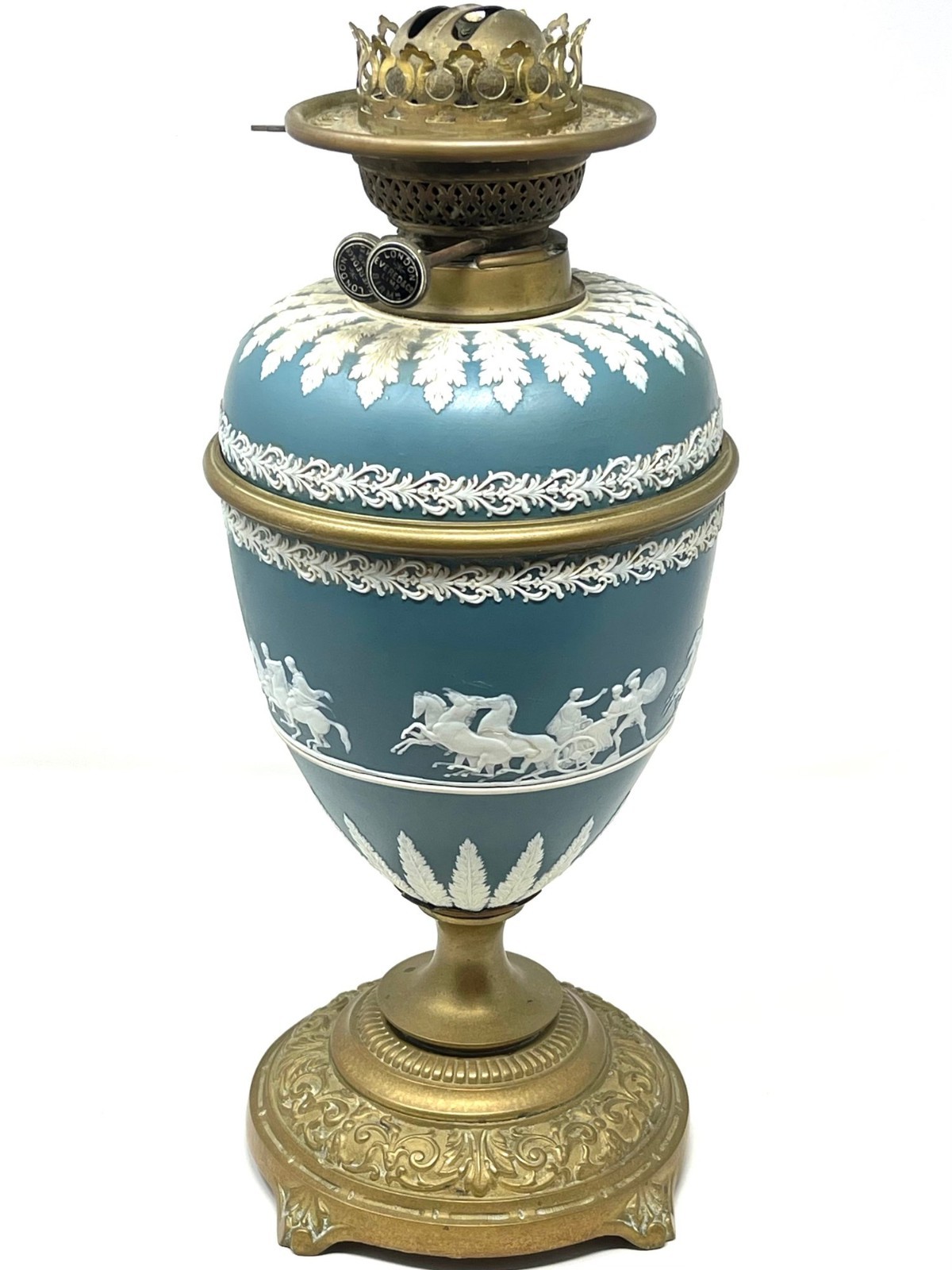 Antique Wedgwood Blue Jasperware Oil Kerosene Lamp W/ Brass Evered Burner 1900's