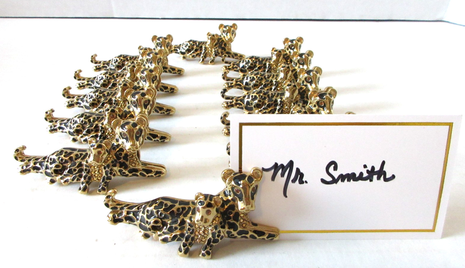 St John Set of 12 Leopard/Jaguar & Baby Place Card Holders Gold & Black Enamel