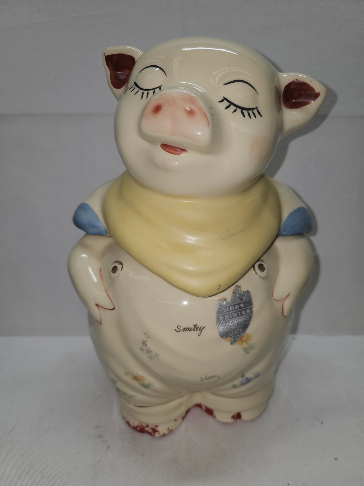 Shawnee Smiley Pig Cookie Jar Yellow Bandana Floral Overalls Ceramic See Descrip