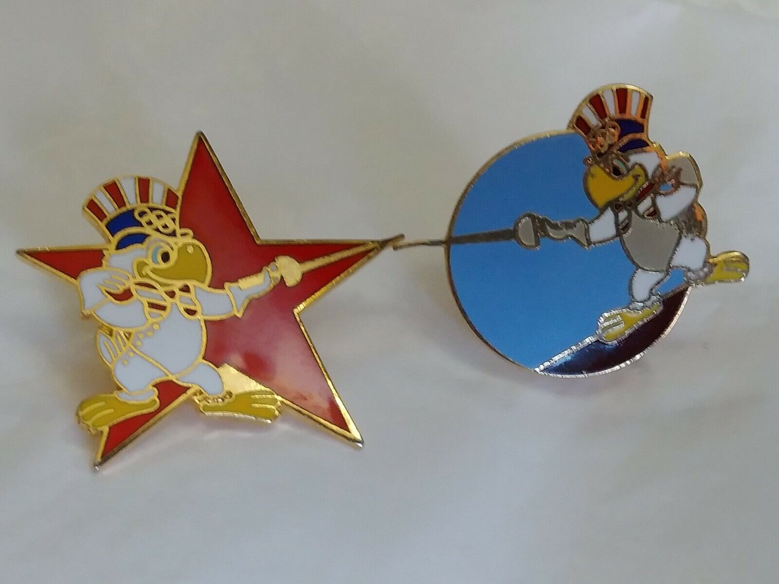 Los Angeles Olympics Pin Lot Of 2 Fencing Sam the Eagle Red Star Blue Circle