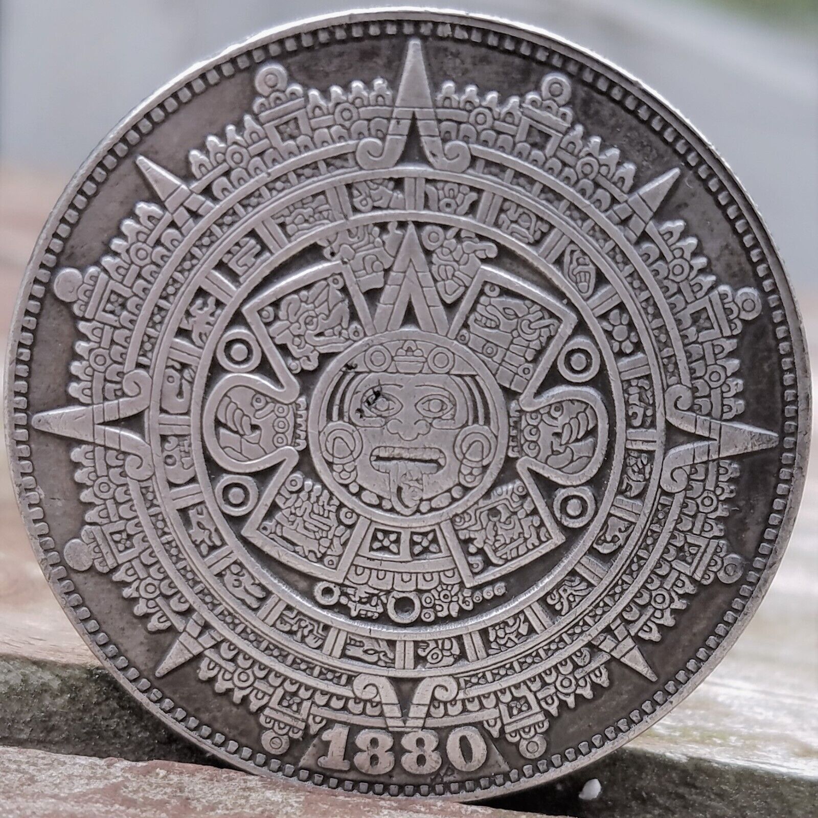 1880 Aztec Calendar Art Coin with Protective Capsule and Display Stand