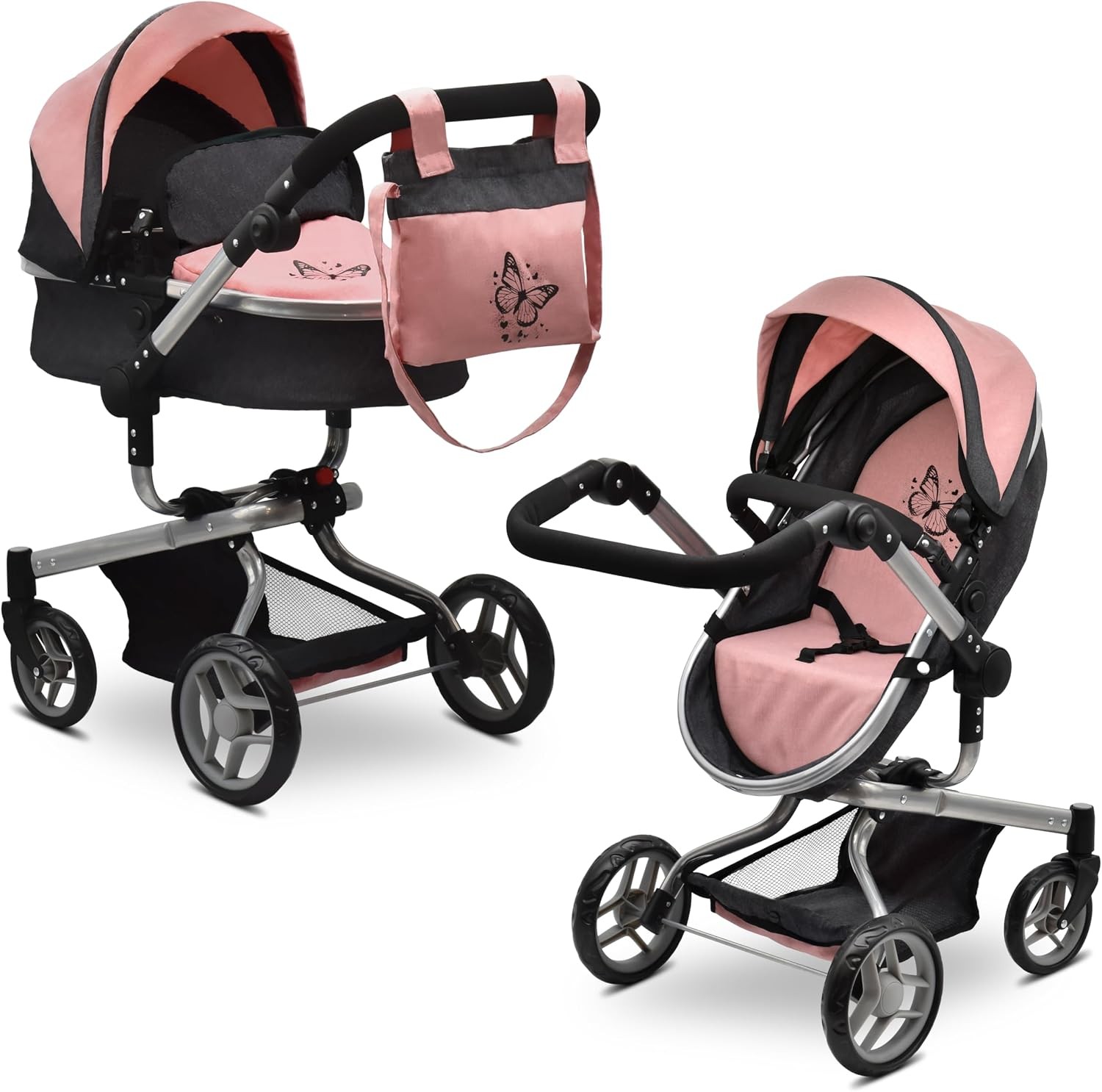 Convertible Baby Doll Stroller Realistic Pram 2-In1 Carriage with Bag Foldable T