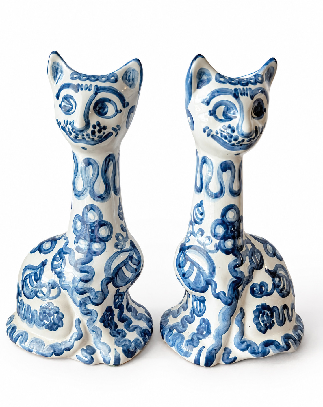 Vintage MA Hadley Pottery 14.5” Tall Cat Vase Blue White Hand Painted Stoneware