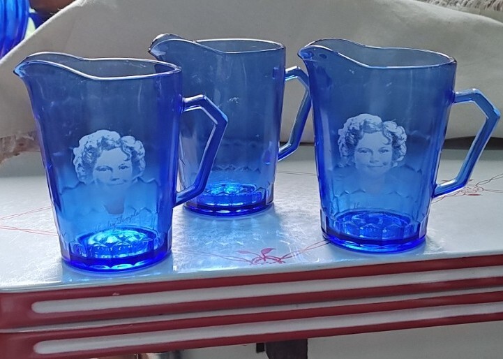 Cobalt Blue Glass Pitchers ~~SHIRLEY TEMPLE 4.5 in.~~ Lot of 3