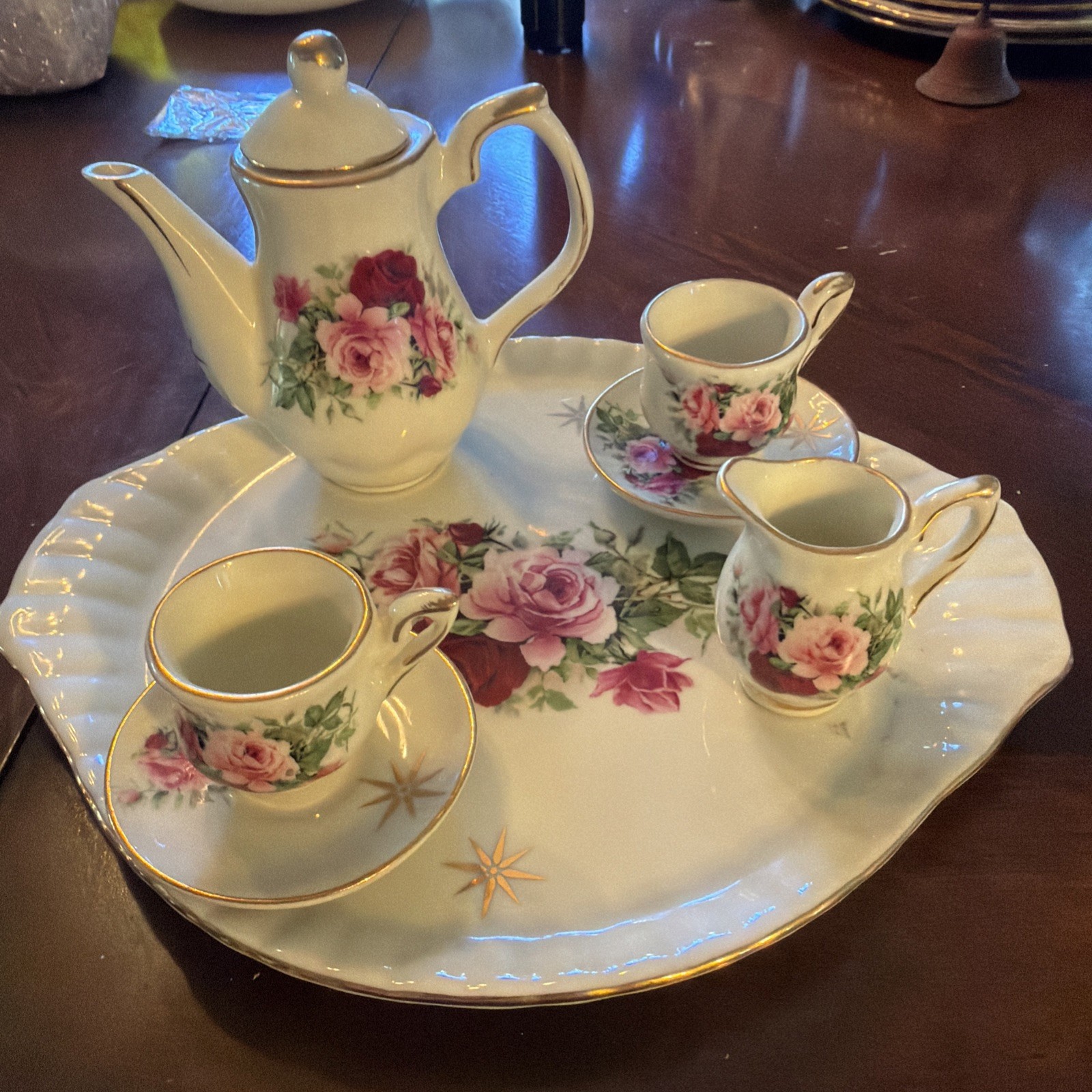 Vintage Miniature Child\'s Tea Set Victorian Rose & Gold Trim Display Only
