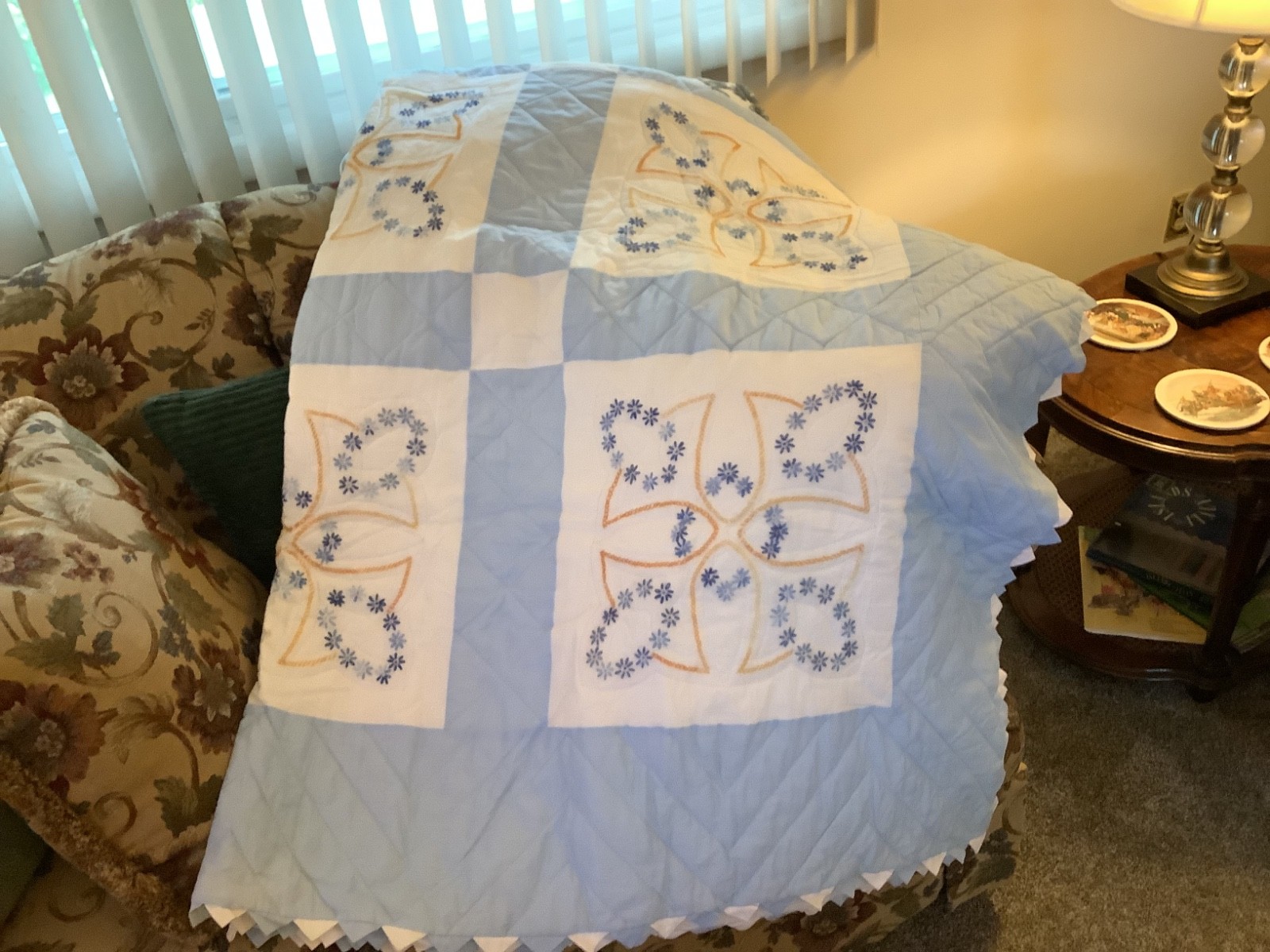 New Vintage Handmade Blue & White Cottage Core Embroidered Quilt 97x76 Heirloom New Vintage Handmade Blue & White Cottage Core Embroidered Quilt 97x76 Heirloom