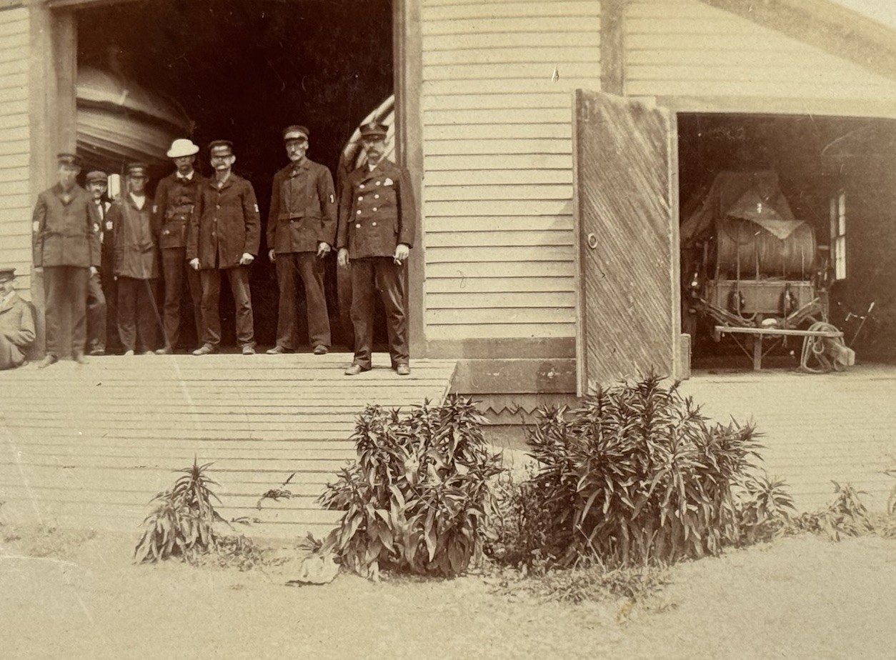 Antique Panoramic Firehouse Photograph Horse-Drawn Steam Engine, c. 1890s–1900s
