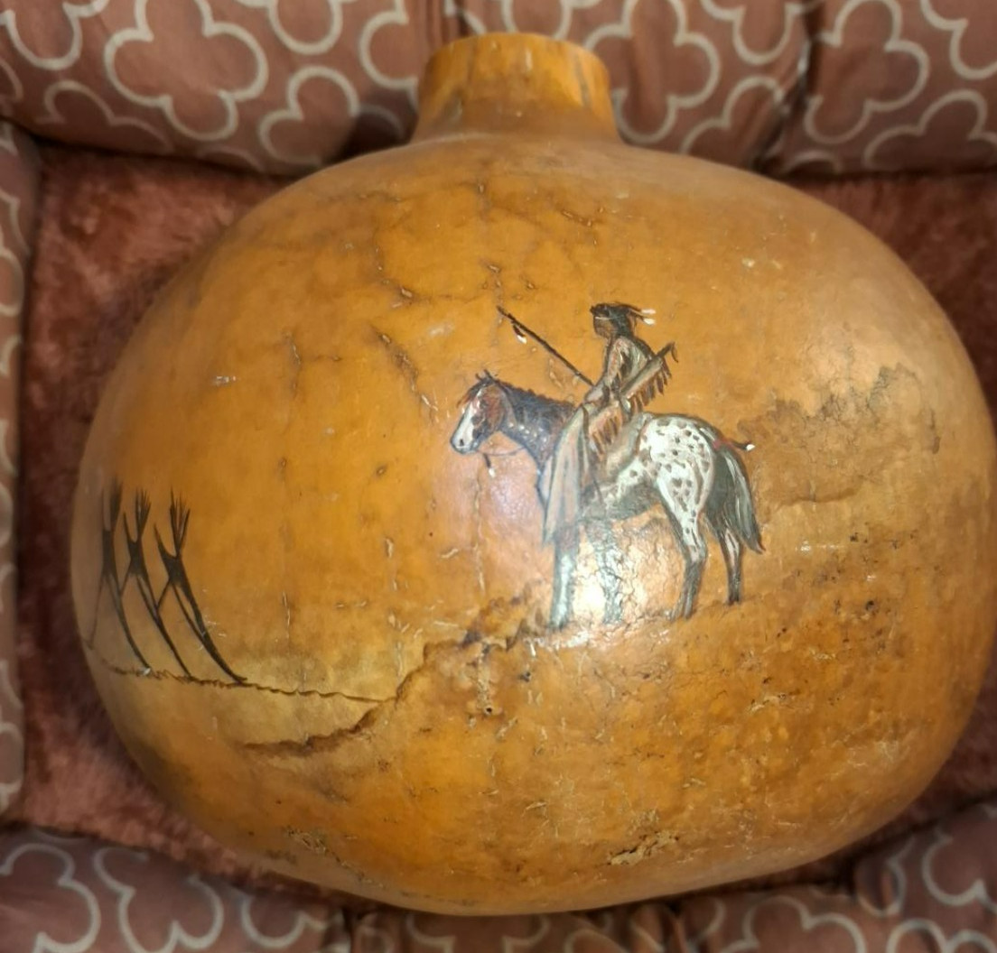 1989 Signed Hand Painted Gourd Native American Horseman Southwestern Folk Art