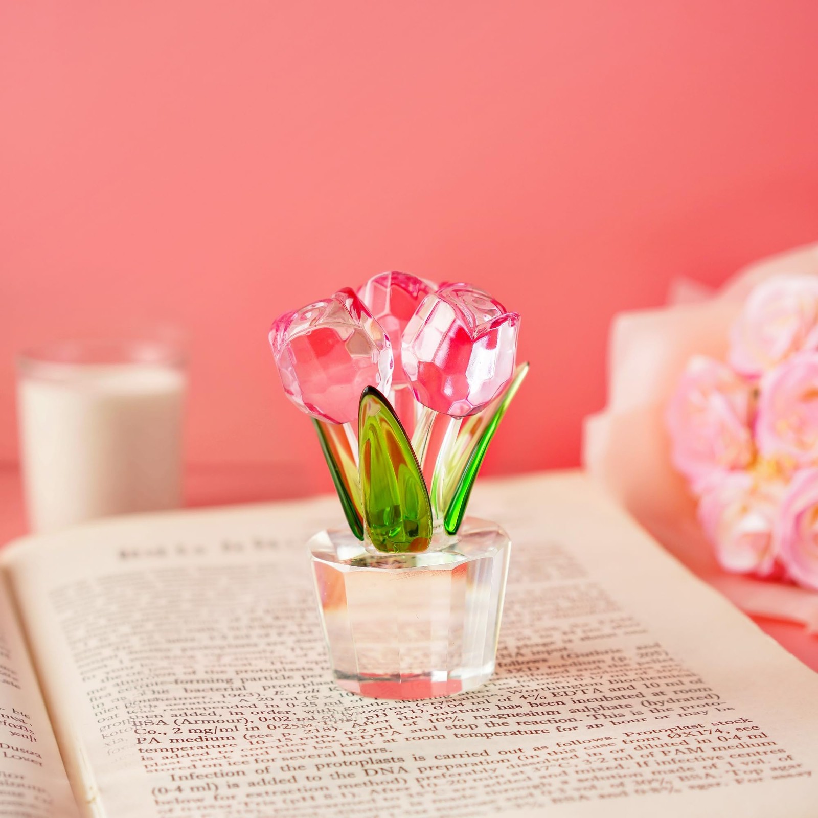 3.2*2in Crystal Pink Rose Flower Figurine Romantic Glass Flowers Gifts