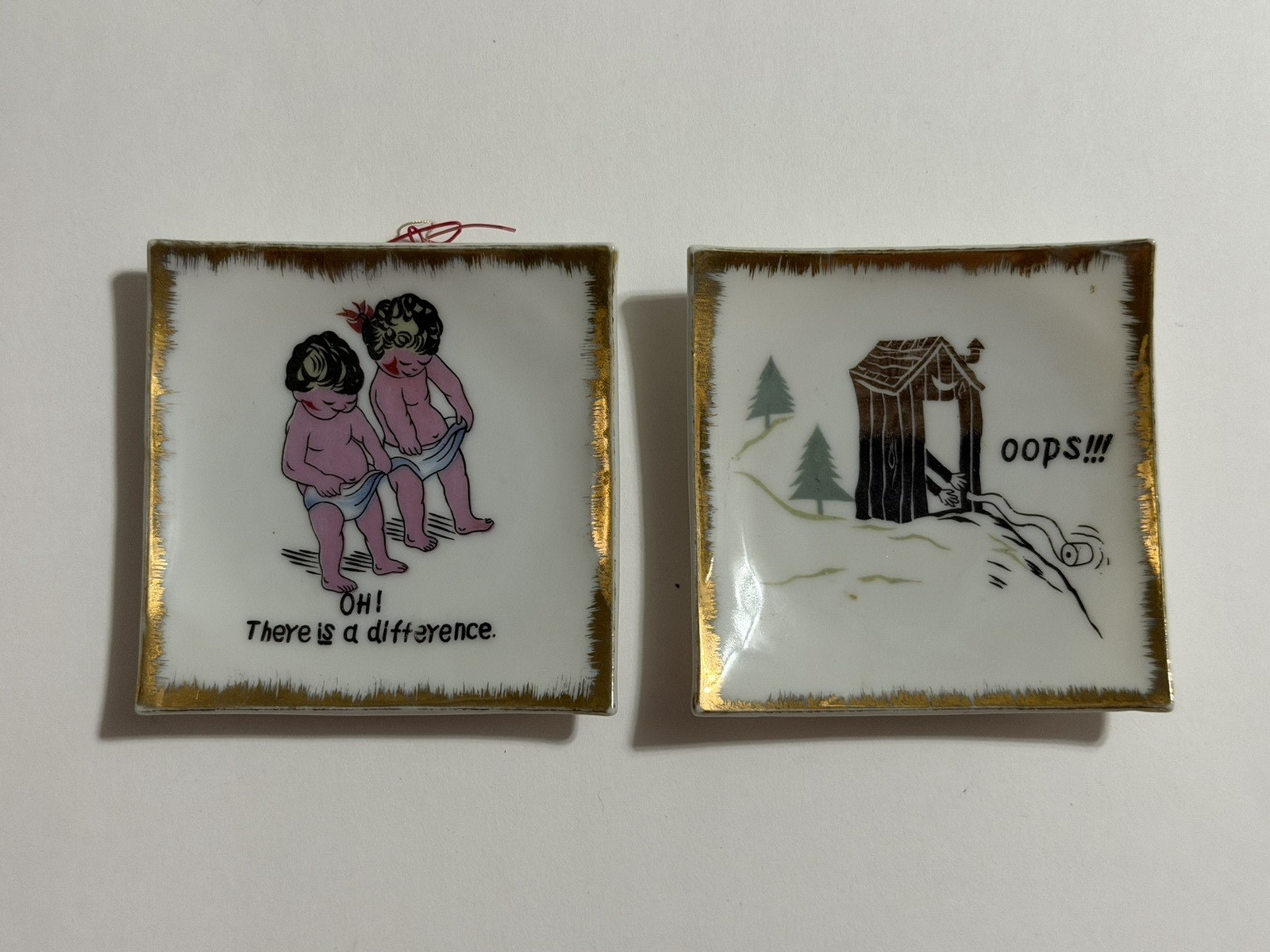 2 Vintage Small Square Plates Japan Boy Girl - So there is a Difference - Cute 