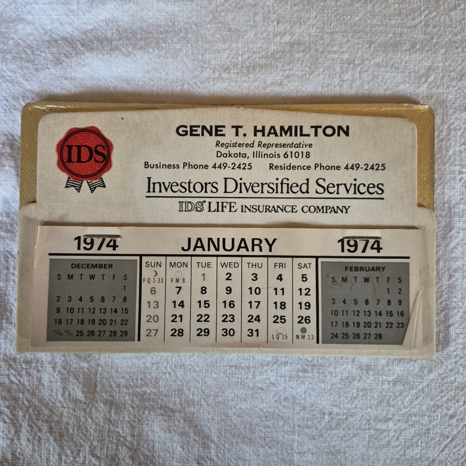 Vintage 1974 Advertising Desk Calendar Gene T. Hamilton Dakota, IL IDS Insurance