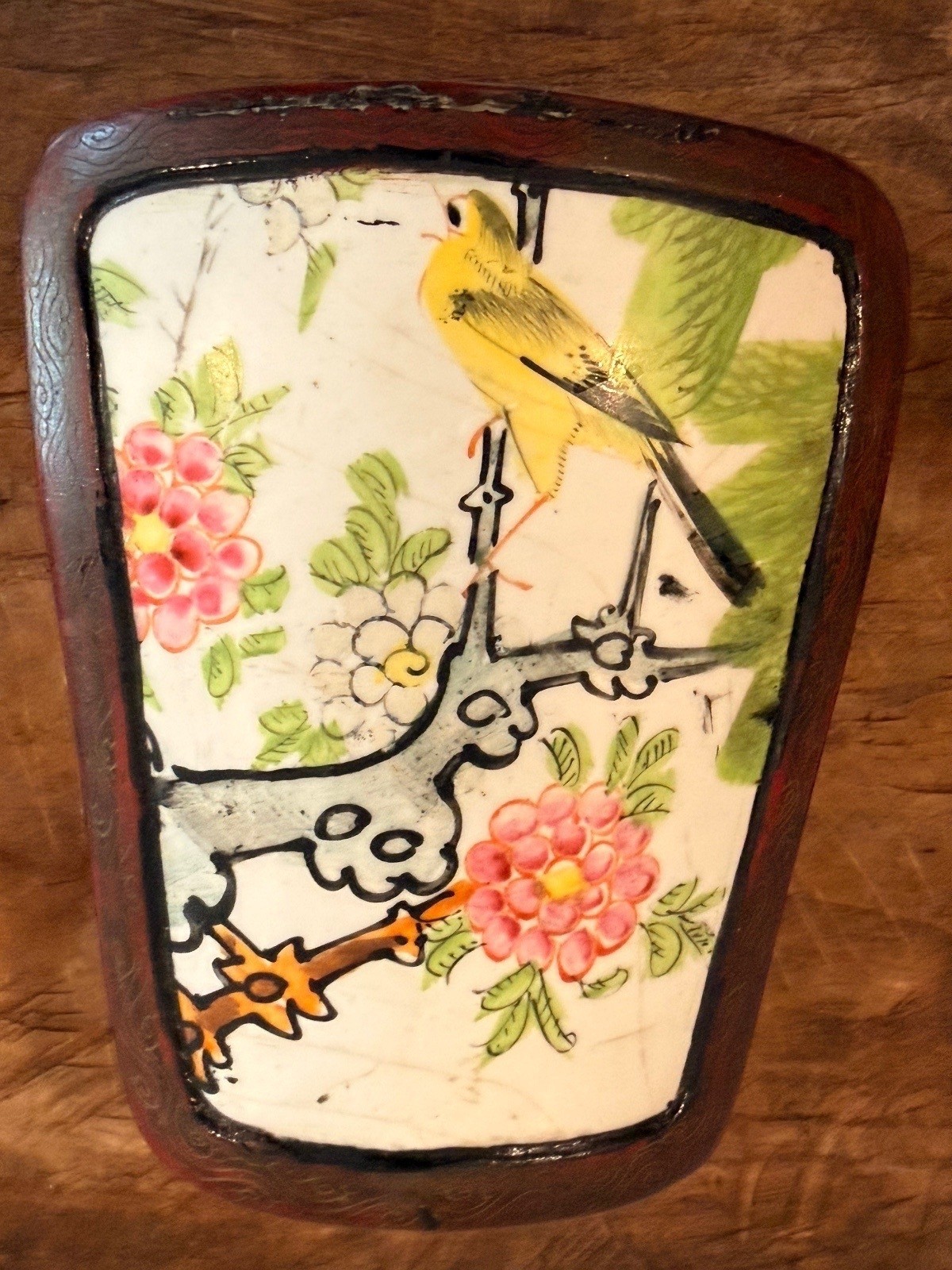 Vintage Chinese Famille Rose Porcelain Shard Lacquered Trinket Box -7 x 5.5 In
