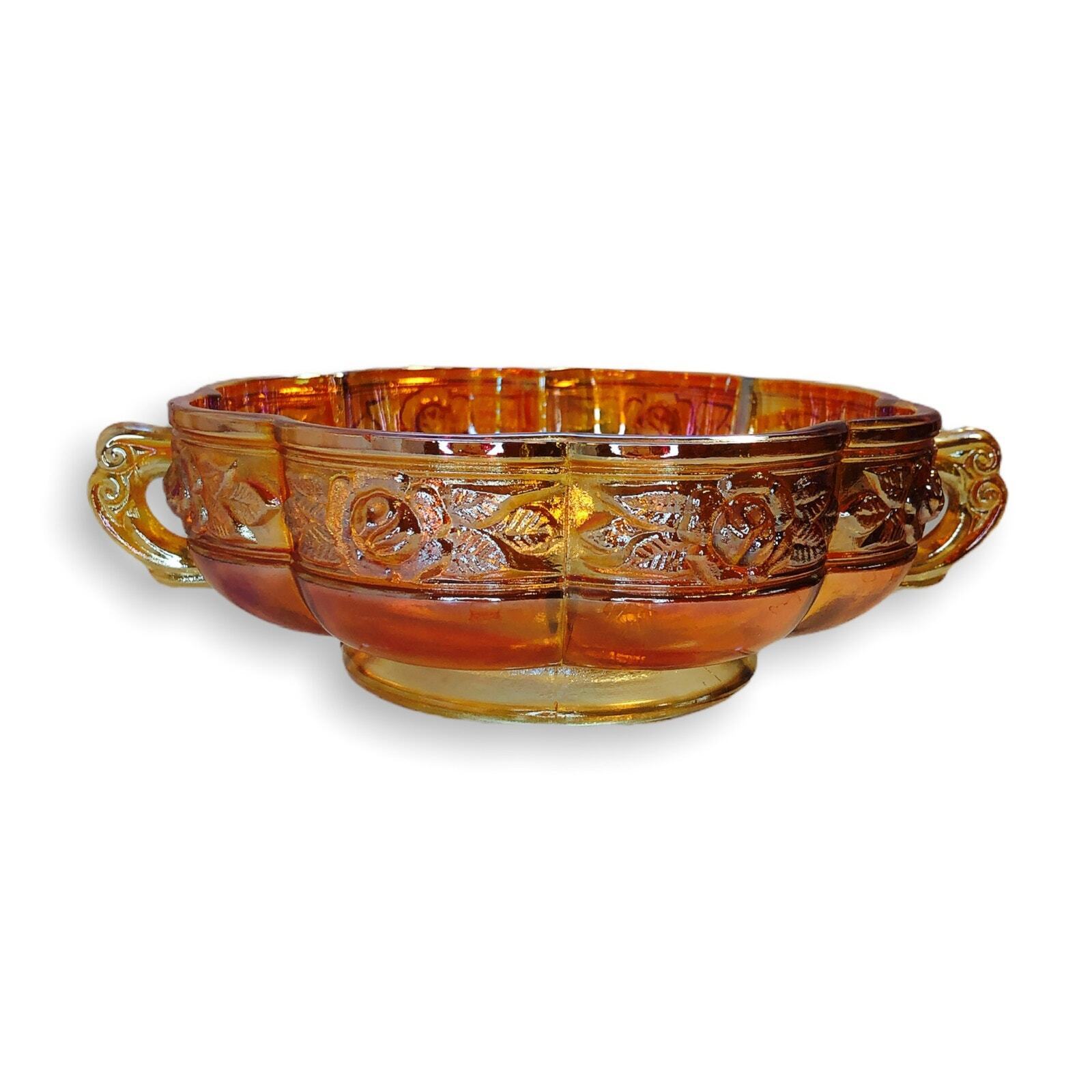 Aztec Rose Two Handled Footed bowl Iridescent Marigold Jeanette Carnival Glass  