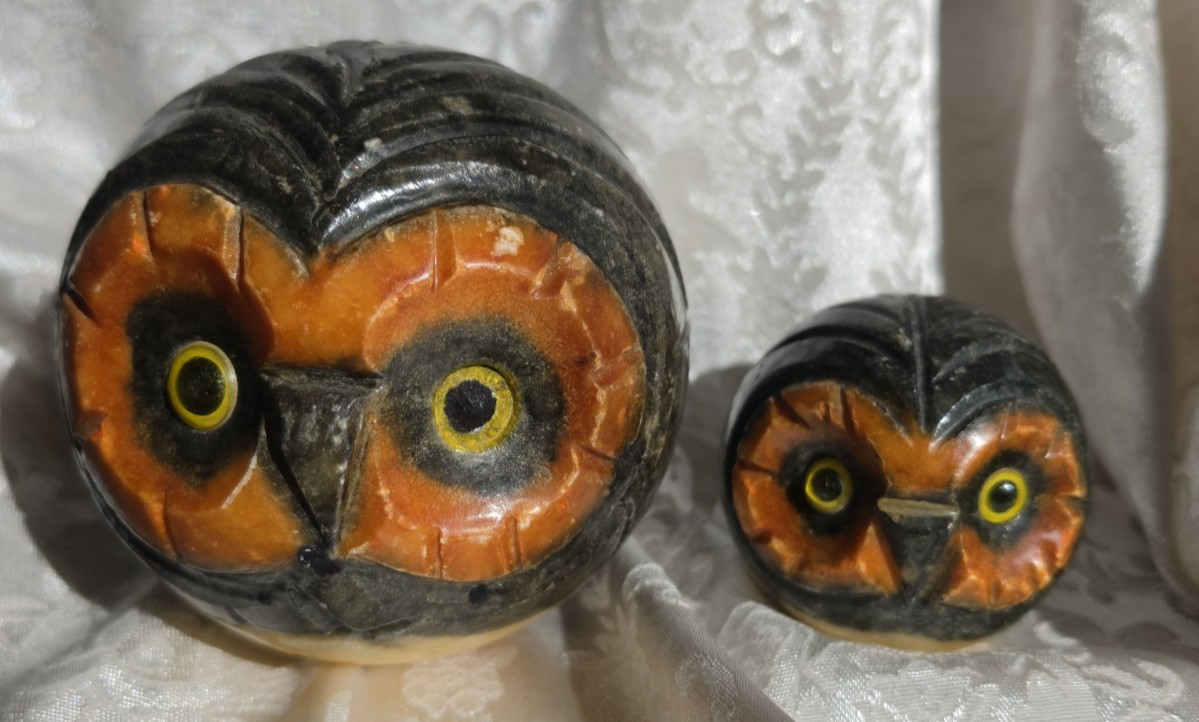 VNTG Pair Of Italian Alabaster Owl Figures MCM Paperweights