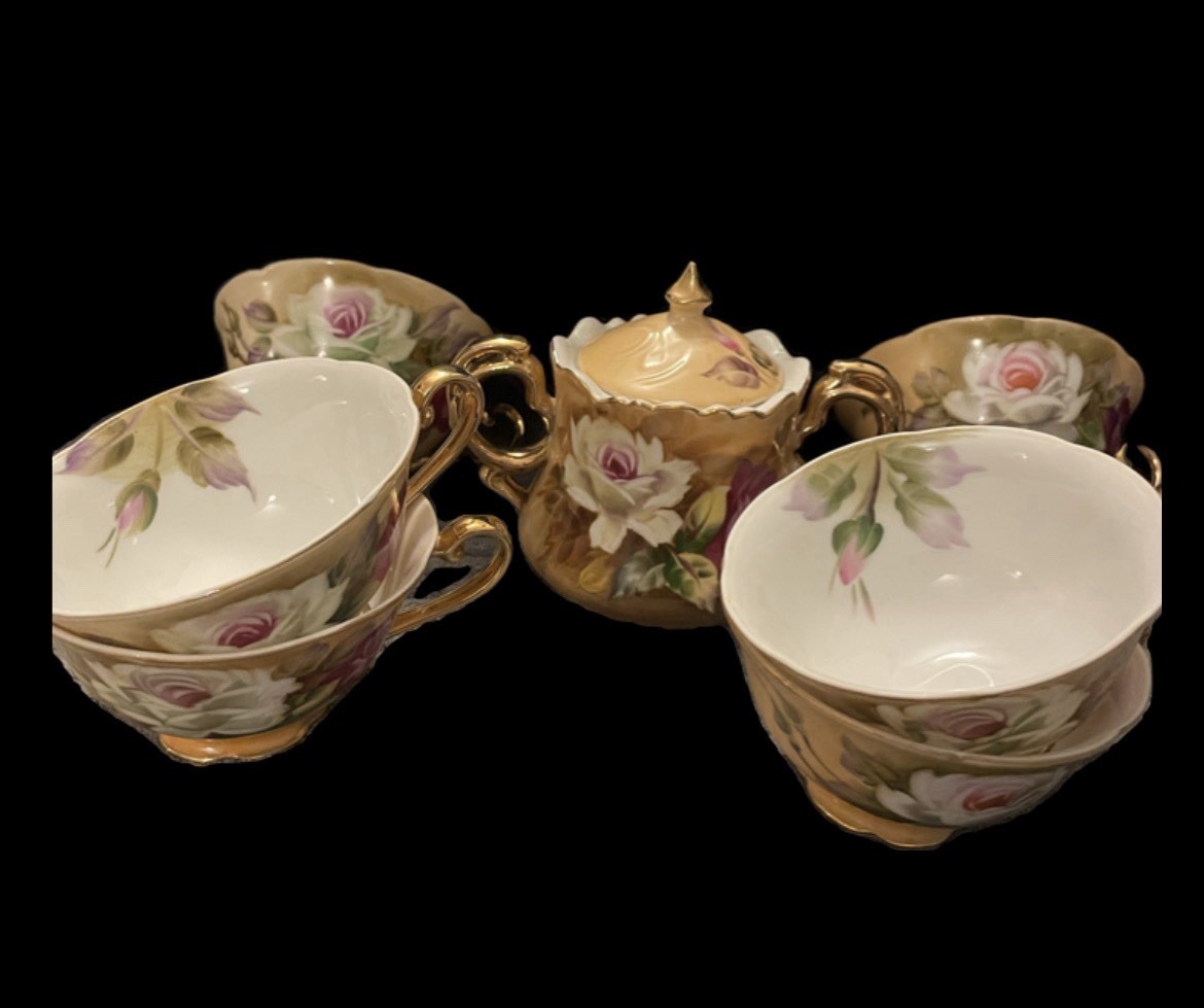 Lefton Heritage Floral Handpainted Tea Set 1950s-Cottagecore-Sugar bowl & 6 cups
