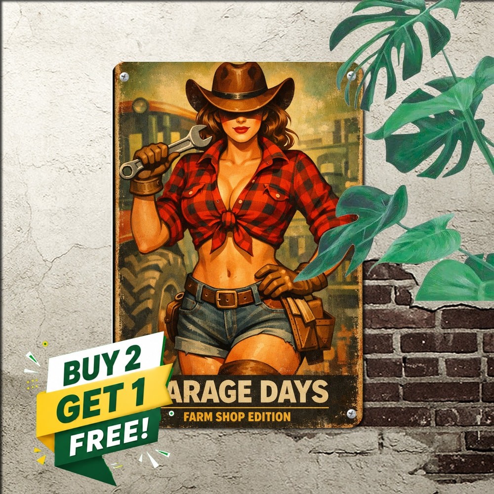 Daisy Pinup Girl Sexy Cowgirl Tractor Sign Garage Cave Metal Decor