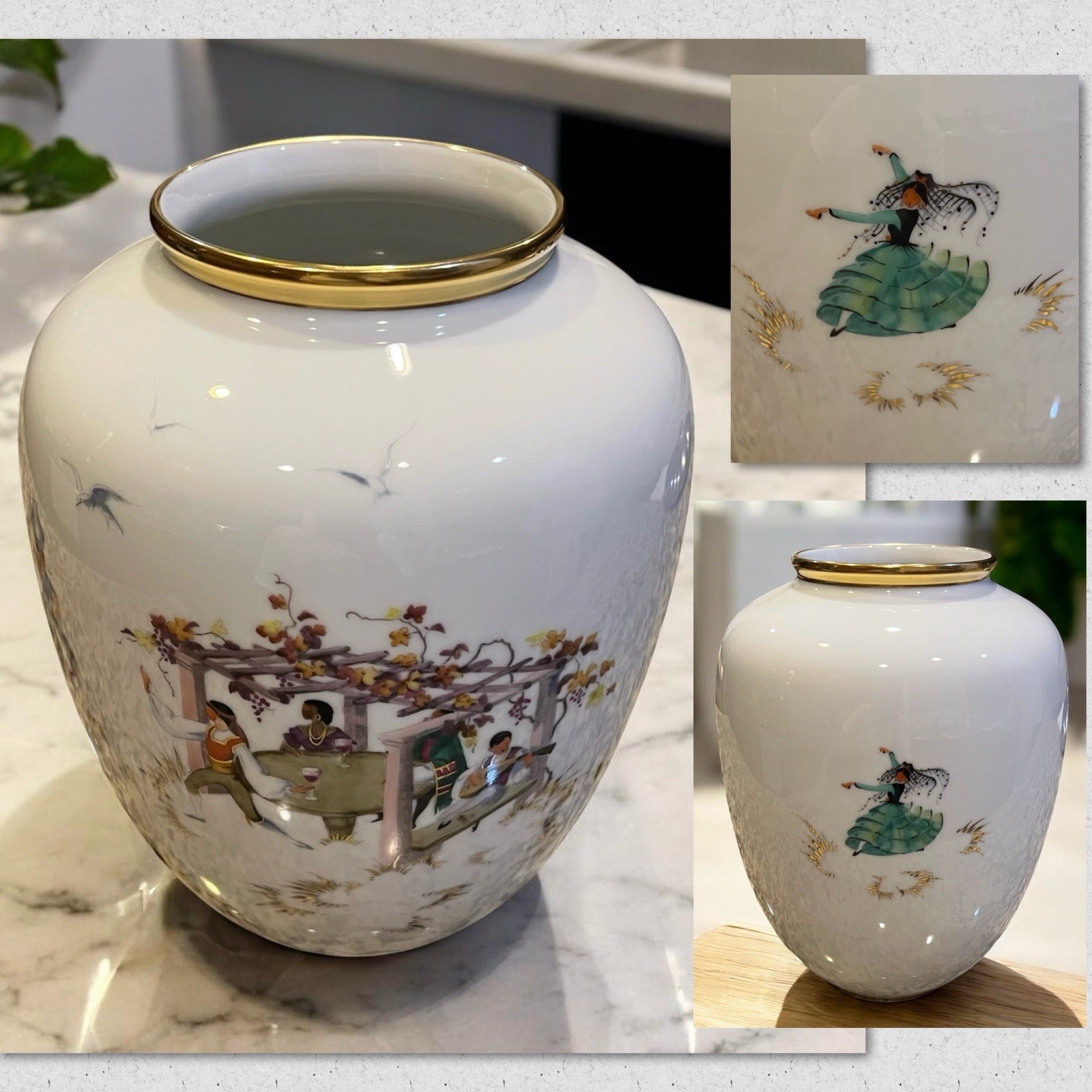 Rosenthal Handmalerei Munchen Vase Hand Painted Gilt Vineyard Dancer Vintage MCM