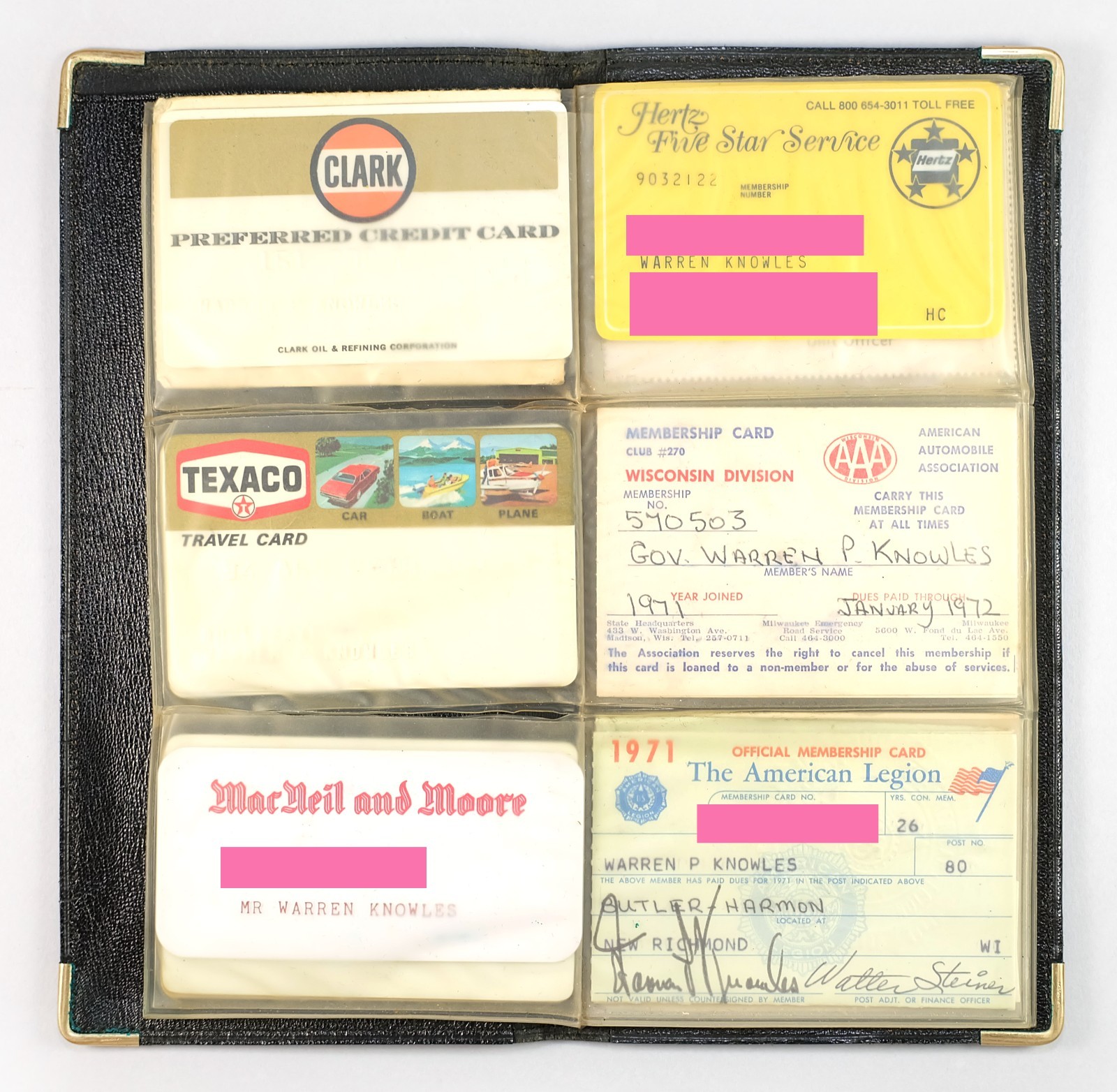 1970s Warren P. Knowles WI Governor Book of Credit Cards, Driver\'s License, More