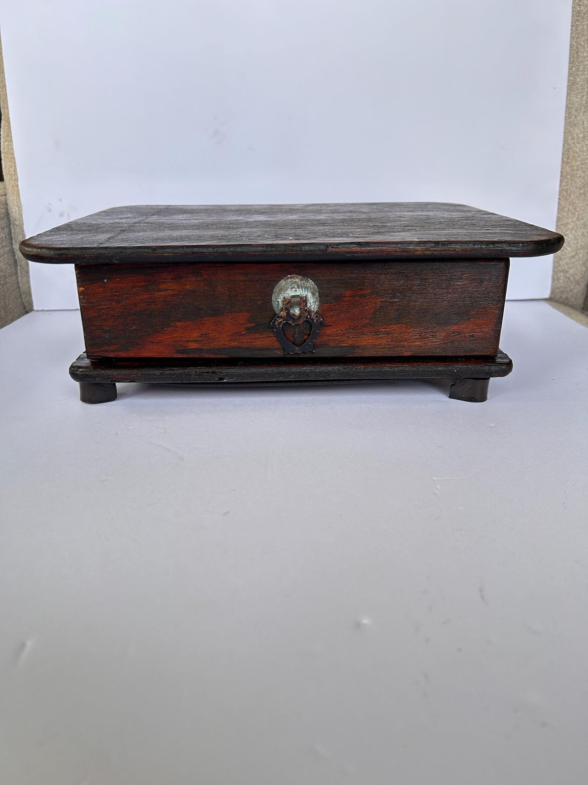 Vintage Asian Style Wooden Document Box,Footed Keepsake Chest with Single Drawer