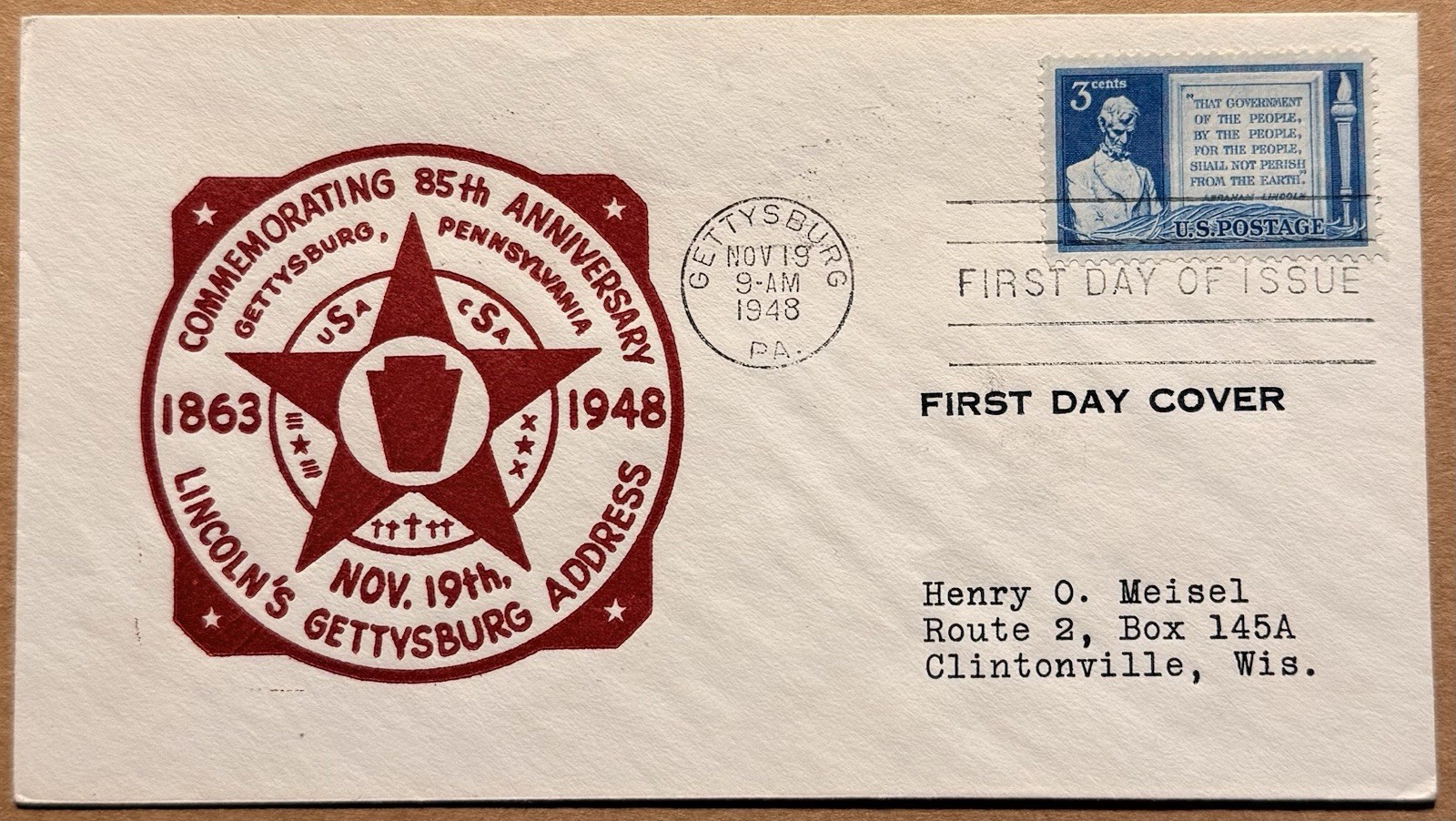1863-1948 Gettysburg Pa, Lincoln’s Address 85th Anniversary, Postal History