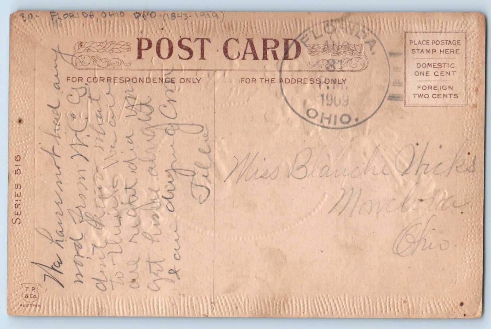 1909 Best Wishes Flowers Swan Florida OH Embossed DPO (1843-1919) Postcard