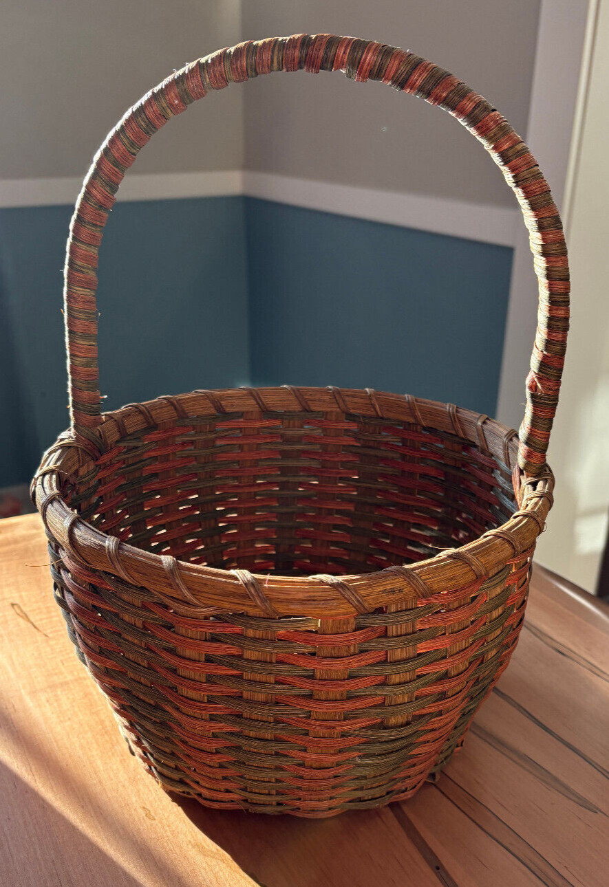 Beautiful Blue Red Stained Handmade Medium Handle Basket - Tightly Woven