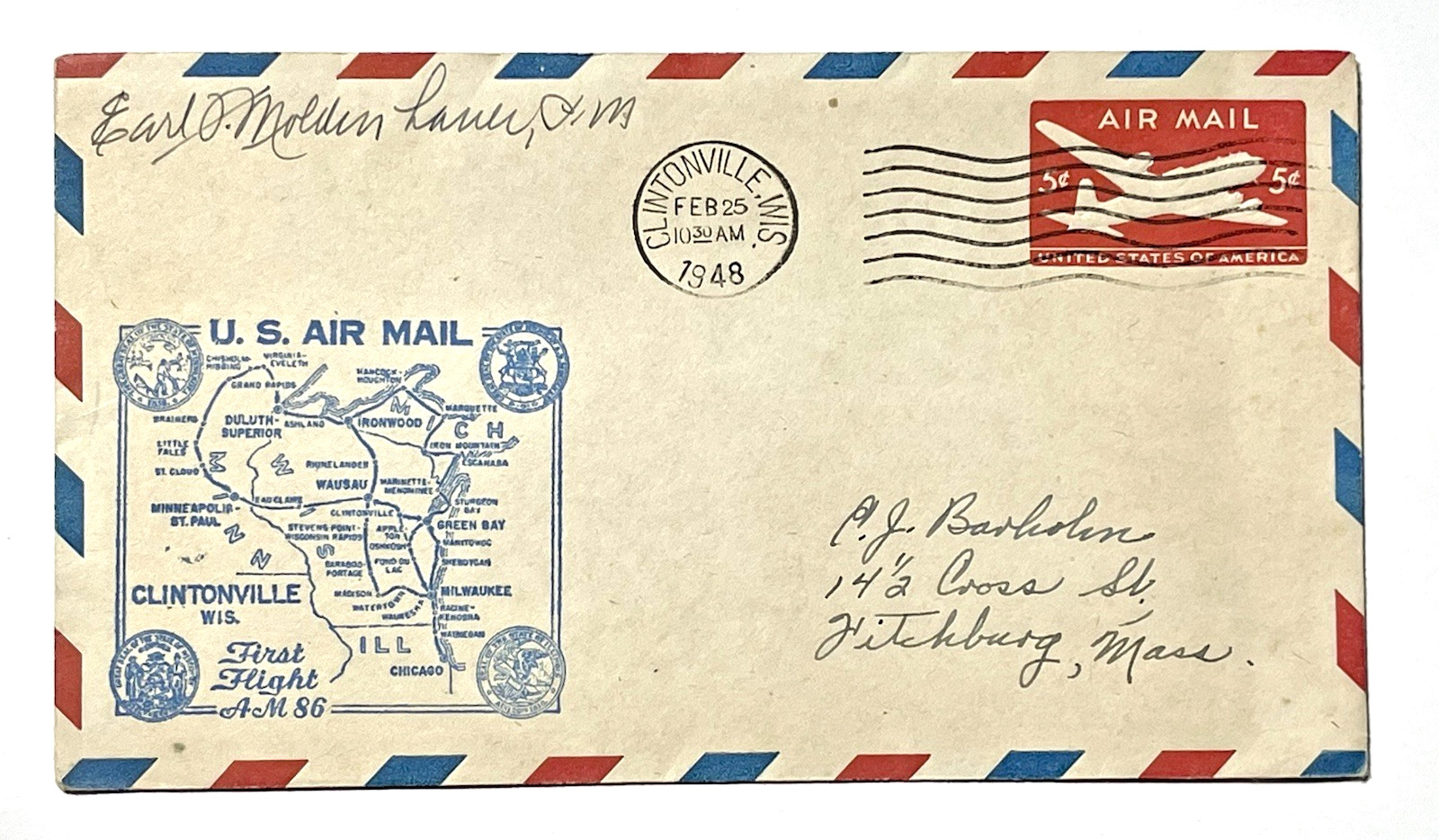 CLINTONVILLE, WI 1948 POSTMASTER SIGNED 1st FLIGHT, WISCONSIN CENTRAL AIRLINES